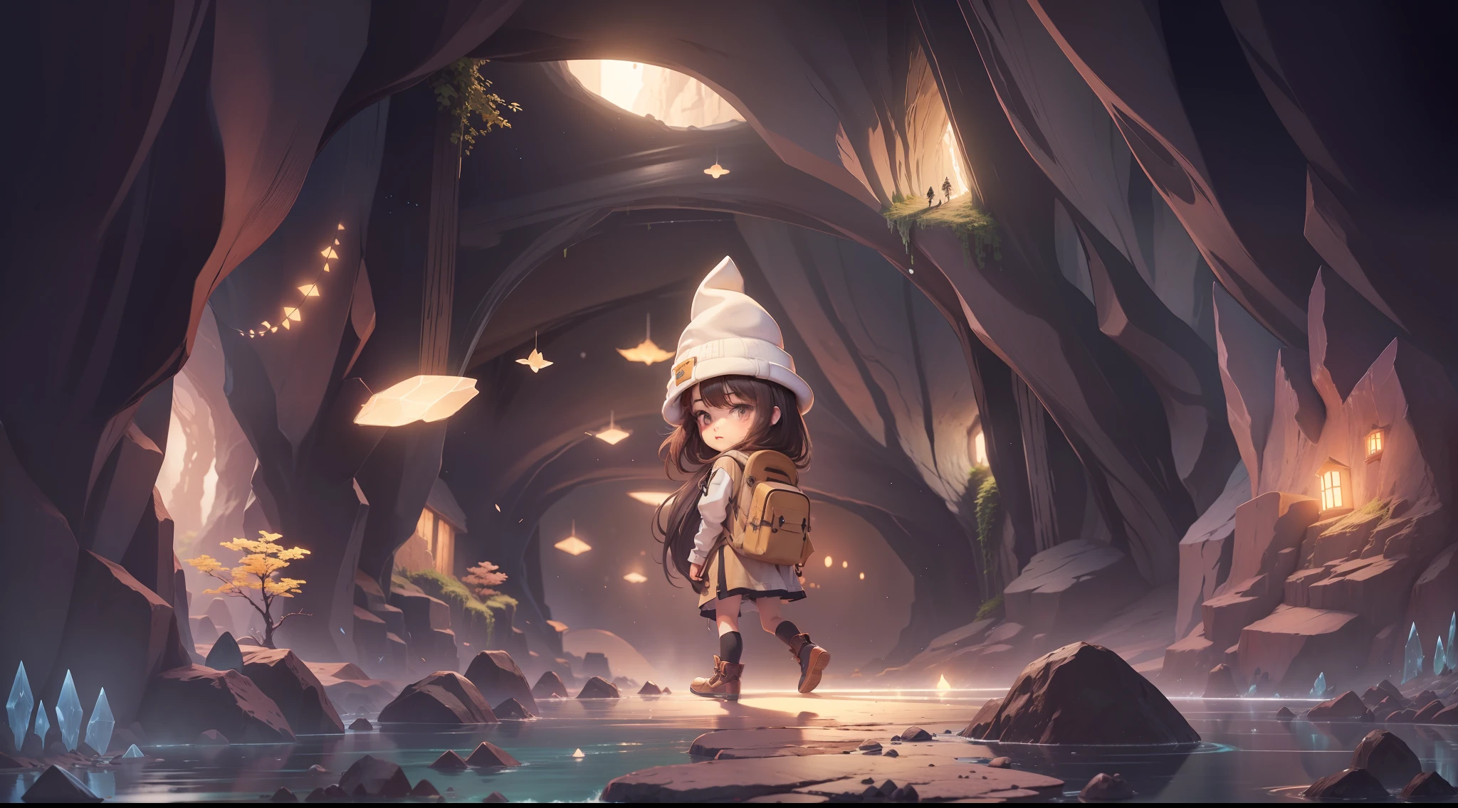 Side View. chibi anime, teenager, hat, with long dark brown hair, brown eyes... backpack, walking in a dark cave. source of luminous drawings, crystalline water. Medieval outfit. high resolution 8k image