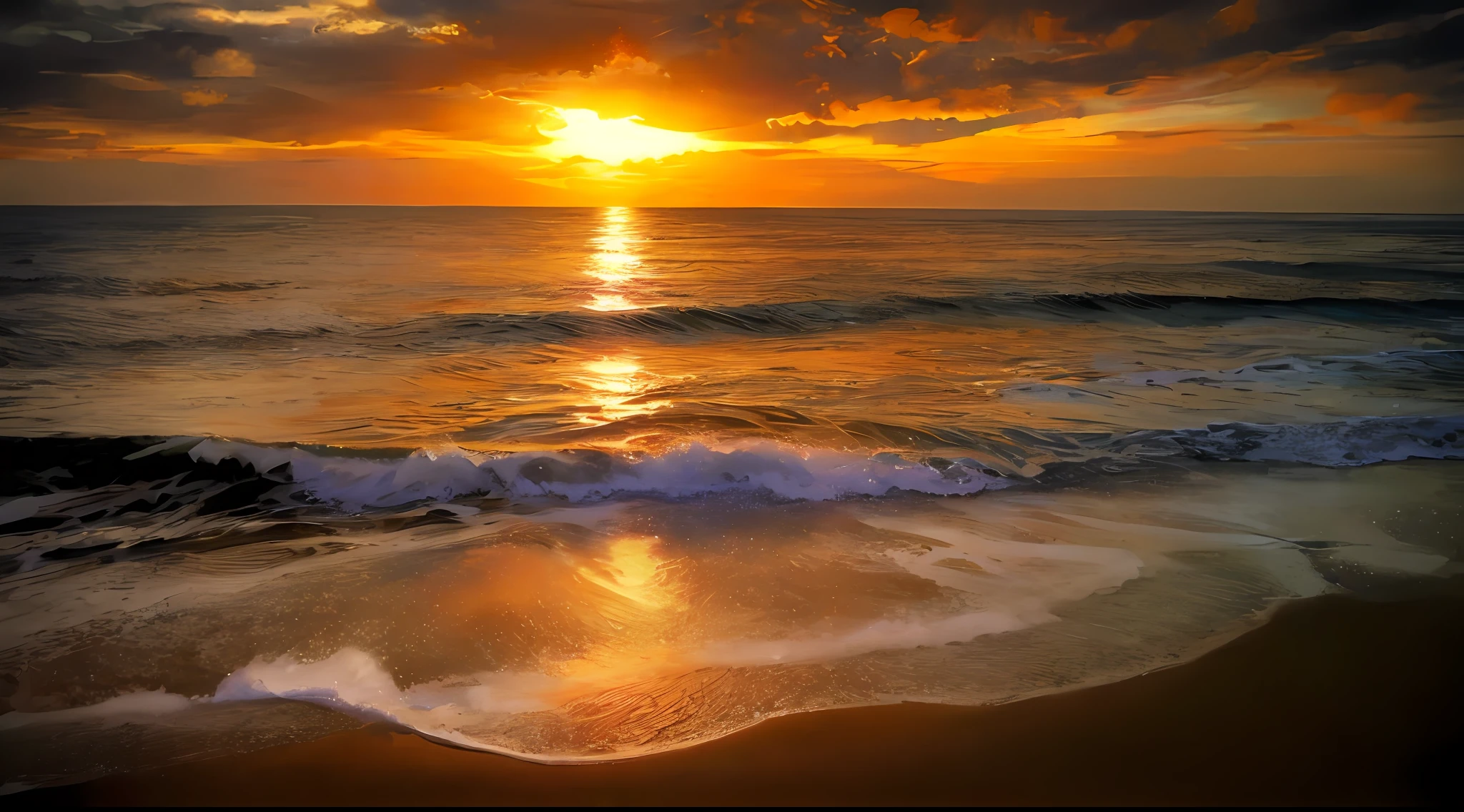 arafed view of a sunset over the ocean with waves, que muestra una playa al atardecer, Puesta de sol en la playa, the most beautiful sunset, Fondo de puesta de sol de playa, Puesta de sol en la playa, Atardecer dorado, en la playa durante la puesta de sol, en la playa al atardecer, Hora de oro, En la hora dorada, warm beautiful scene, en un cielo dorado al atardecer