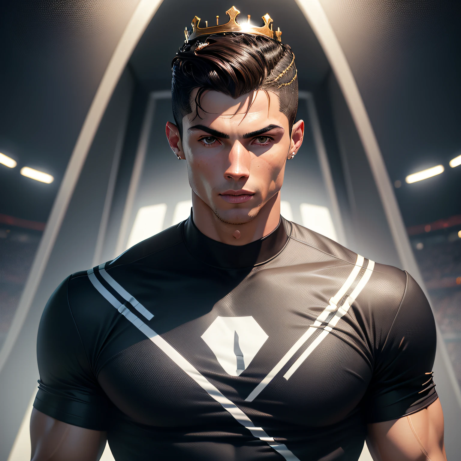 Cristiano Ronaldo, Huge football field, Huge high football railings,Multiple footballs from multiple luxury brands,glory,A crown on the head,Royal style,Art style,(The theme is Cristiano Ronaldo) ,Player No. 7,Facial cleansing,cparted lips,brunette color hair,nase,Most detailed,top Quority,best qualtiy,8K, High detail,