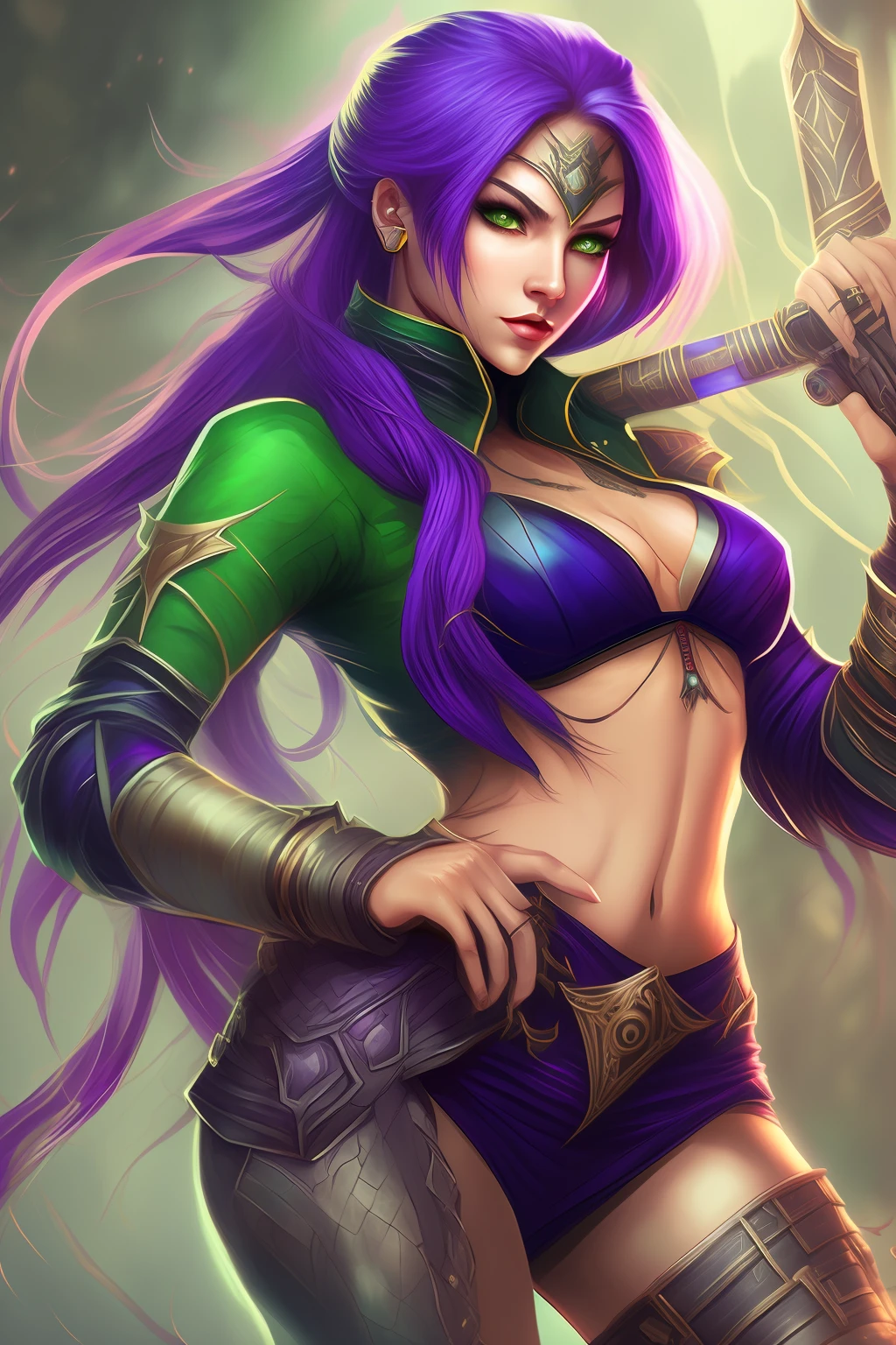 female demon hunter, realistic, double guns, purple long straight hair, green eyes --auto --s2