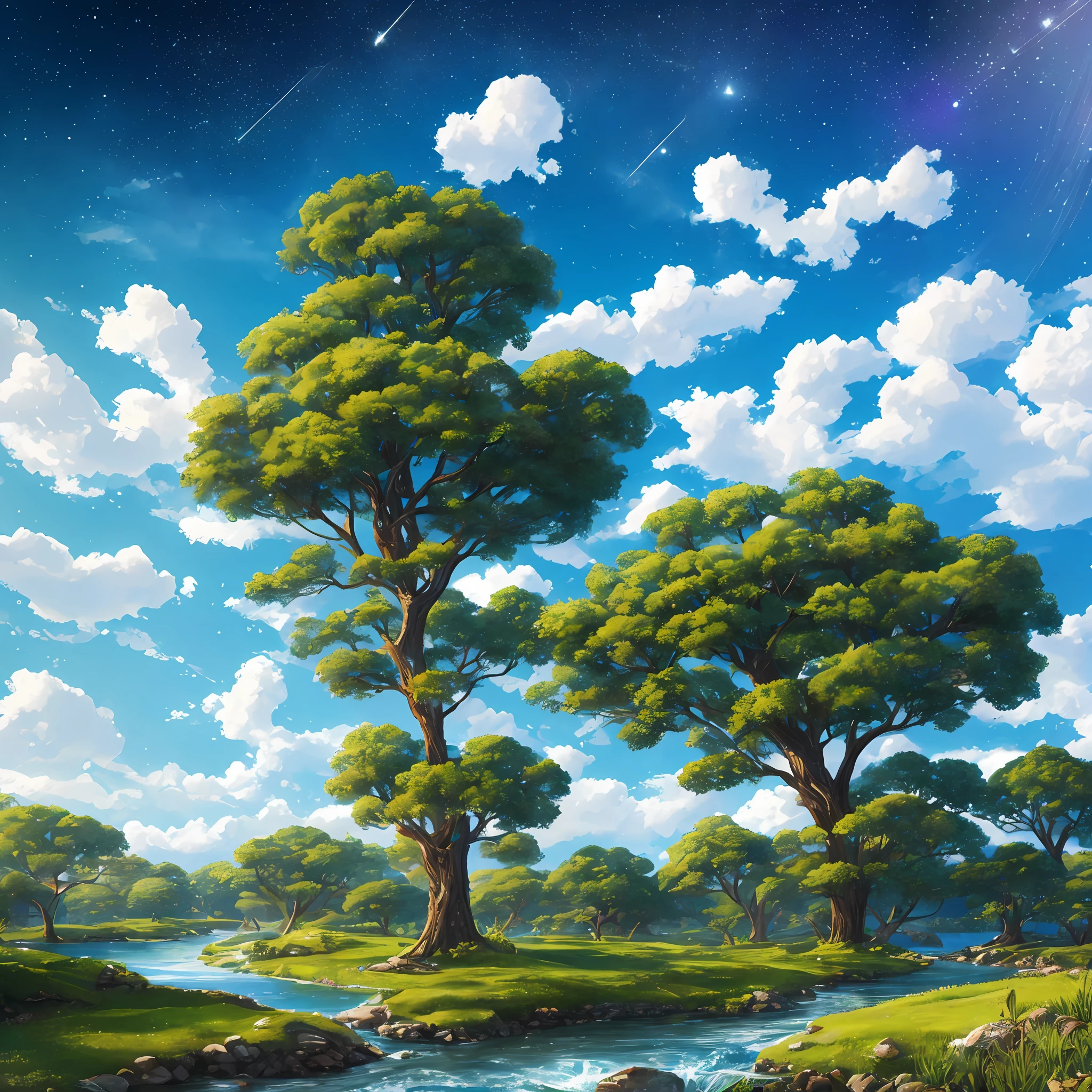 Illustration of a hyperrealistic scene, de outro mundo, Ultrasky with full body of a giant crystal tree, Very detailed and magical lighting, detalhes intrincados da floresta, vegetation and river around, solarpunk, paisagem, giant tree, beautiful leaves with beautiful lighting and realistic proportions, as if it were a cinematic background, 8k, max quality, obra-prima, Clouds and stars in the sky, alienigena Hymenoptera super desenvolvido, advanced technology, naves supersonicas. --auto