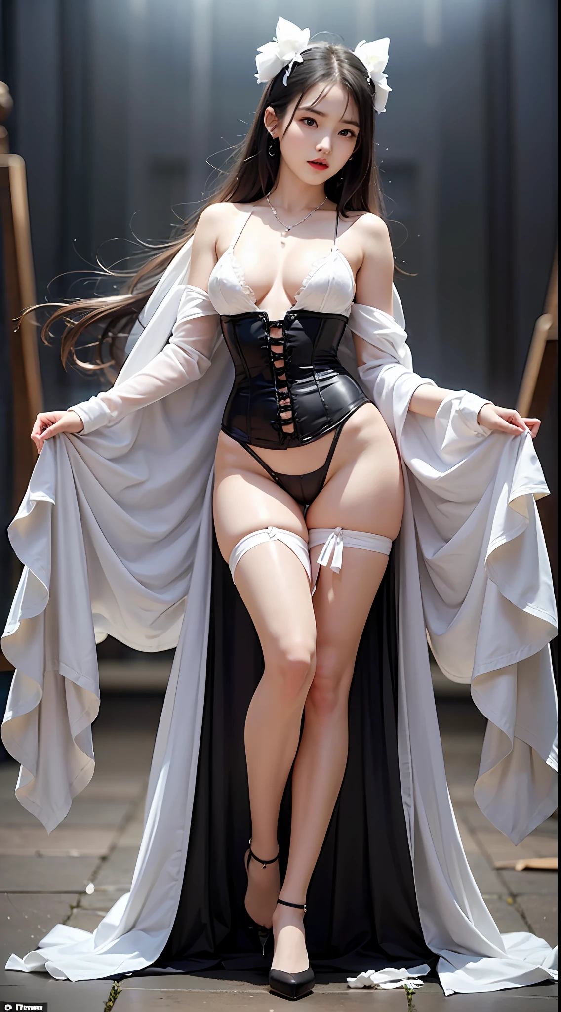 (NSFW:0.8),Full body photo,Facing the audience,Face the crotch and chest,Ultra-thin pliers,Ultra-thin thong corset,Flesh-colored,Ultra-translucent,Get wet all over your body,,deep v big breasts,beautiful pupil,二重まぶた,Square chin,pearls necklace,Long loose hair fluttering,exquisite collarbone,ssmile,High split end,barebacked,,Bare chest,,chest,Exposed milk,simple grey background,on focus,Beautiful lingerie model,(Sexy corset,Thighs apart,The crotch is open,Focus on the crotch,lies on the ground,cleanness,Hollow-out on,Ultra-thin light transmission,Naked crotch,Straight breasts,tit,teat,Ultra-thin transparent breast patch,Ultra-low chicken heart,Ultra-small breast patches,Slender and slender legs,84 cm,From the bottom up,Super long legs,Exposing the:1.2)