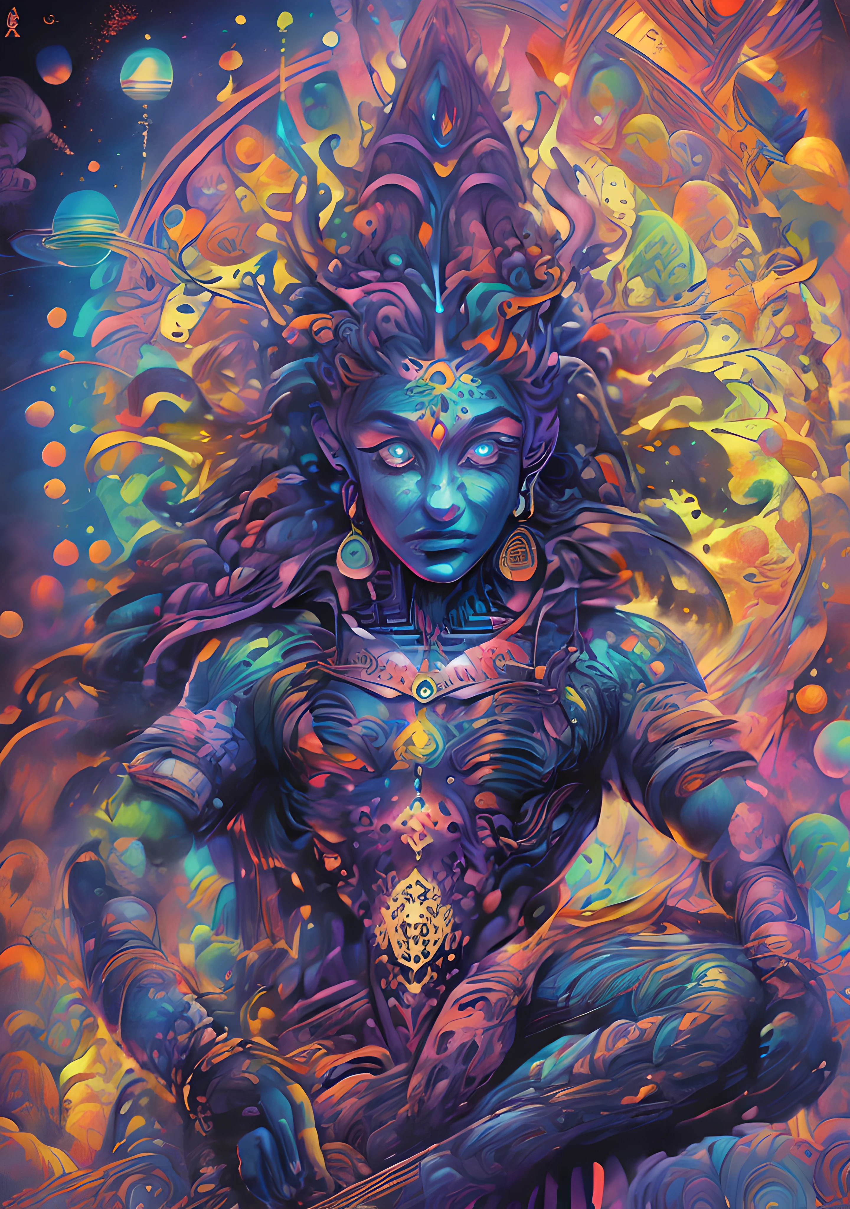 (High resolution, incredibly detailed, masterpiece), portrait of shiva standing on one leg, featuring fractal geometry in (vibrant colors:0.8), set against a (galactic background:1.2), bringing together complex, mesmerizing shapes and patterns.dmt .