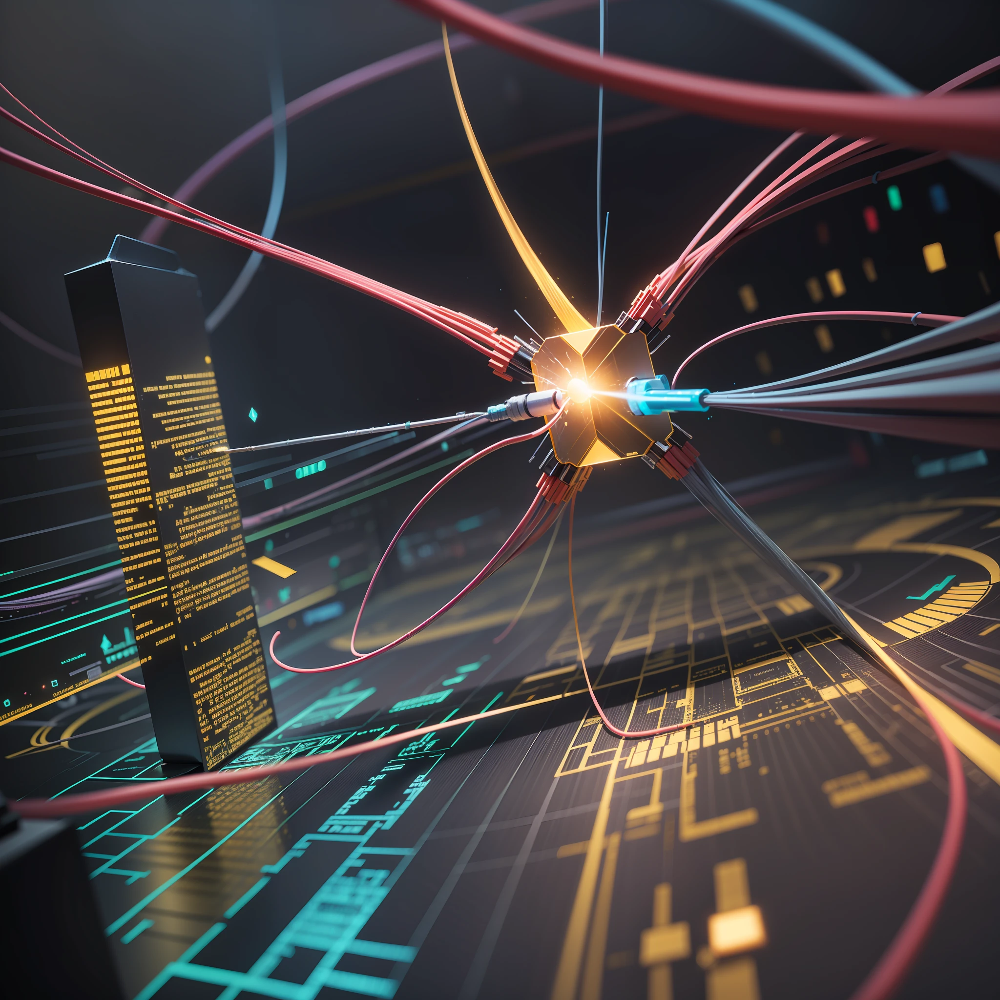 matrix optical cables in hypergrid multilayer nanotech CPU formations, blender rendering, 3d tone mapping, edge lighting glass dispersions, new media digital art