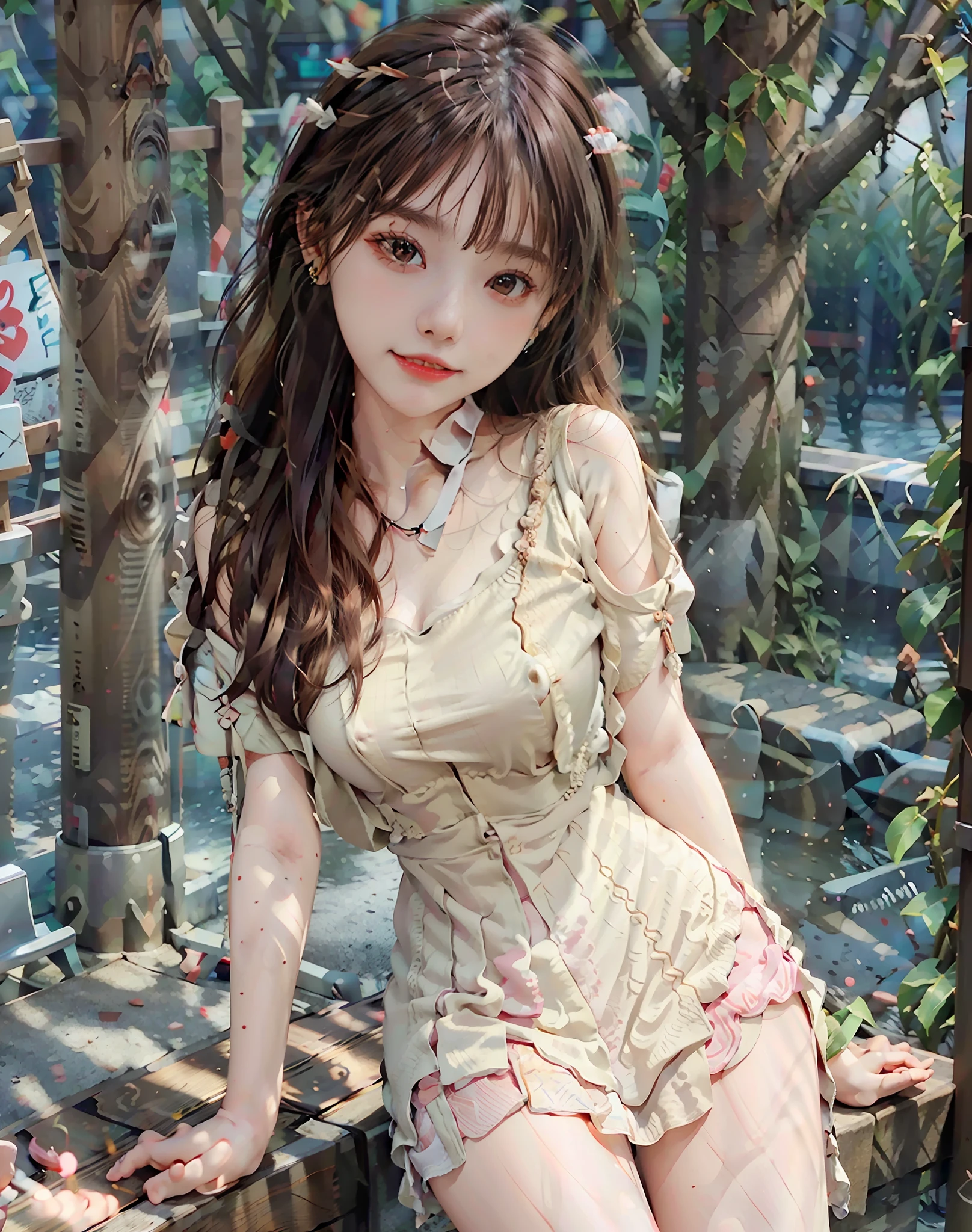8k,(RAW photo),(best quality), (photo-realistic:1.4),realistic skin texture 1girl,Cute,Double eyelid,bangs,full body,petite,Thin leg,(Slender figure),slim,smile,headgear,earrings,necklace,looking at looking at viewer,face focus,depth of field,club ,(Bust Up Shot:1),Bokeh,,