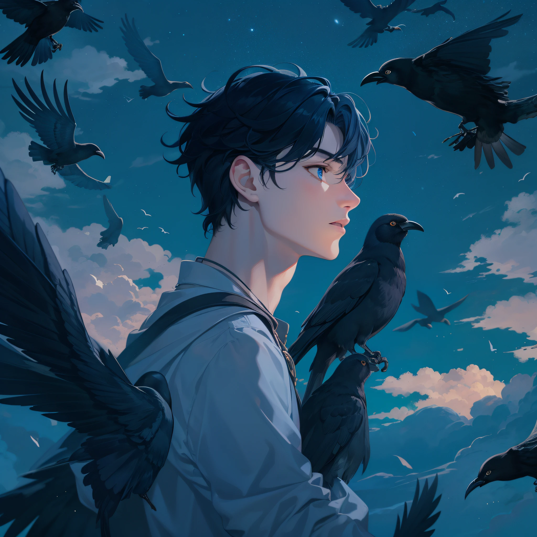 man, light skin, blue tones, blue eyes, crow on shoulder, black hair, short hair, high quality image, focus on face, background birds in the sky, night, magic