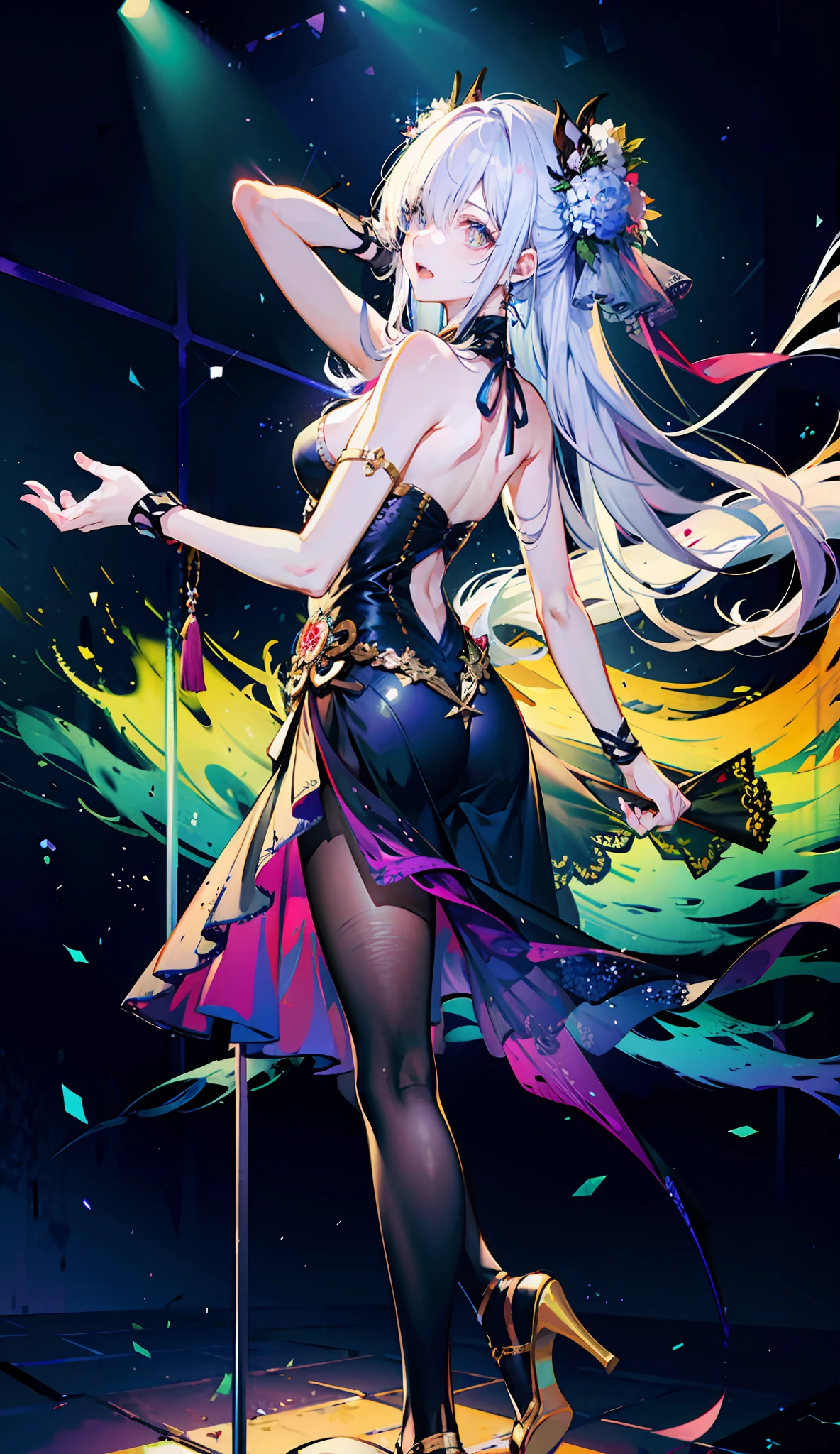 (best qualtiy,detailed back ground,Highest high resolution,Wallpapers,8K,full bloom,messy hair,shinny hair,Exposure to light,Bright pupils),
1girll,Focus on the legs,receiver,long whitr hair,silber hair,Large_Breasts,Action_Pose,standing on your feet,Stage,spotlight lights,glass ceilings,
Shen He(the original god),Hair_decorations,Hair is more than one eye,designer dress,