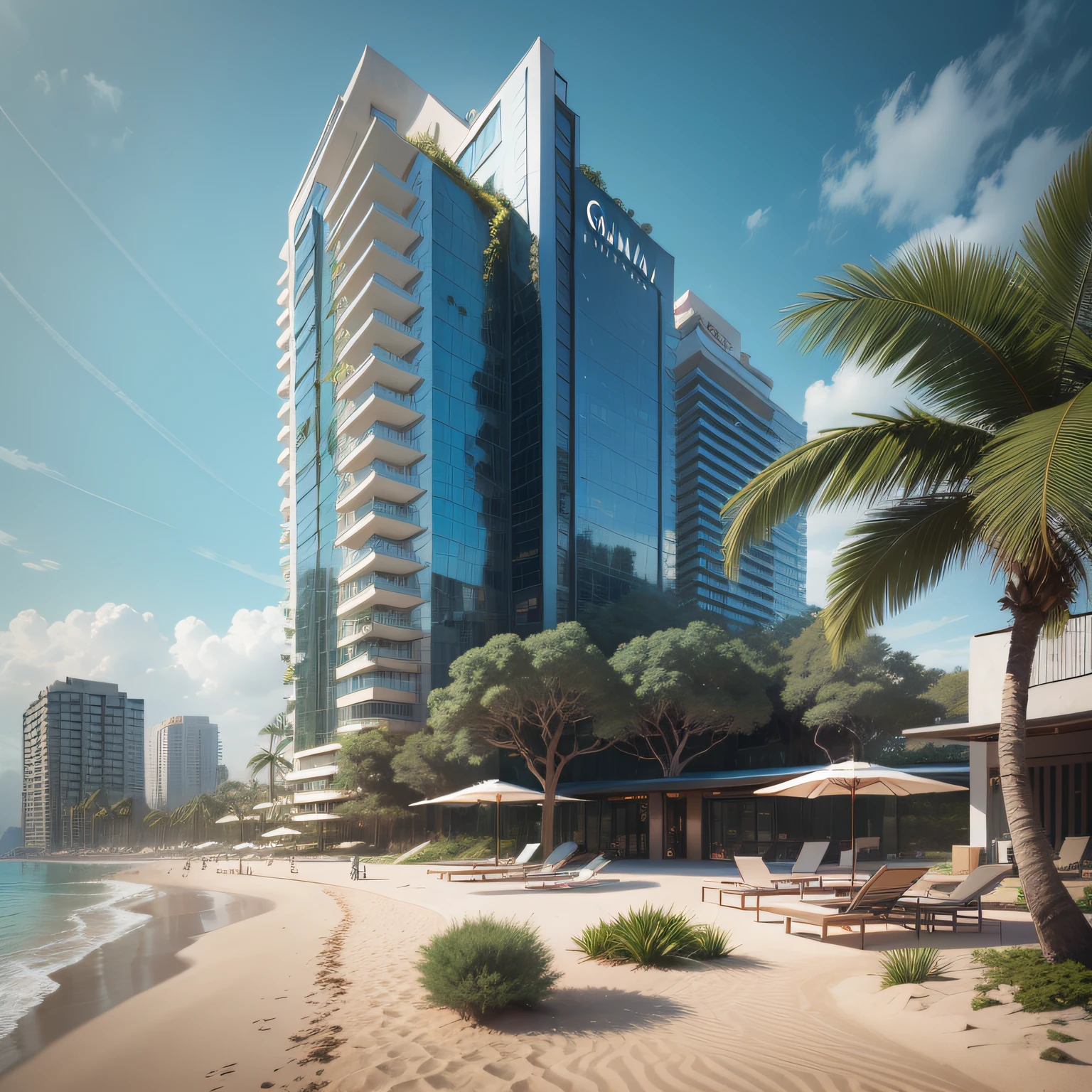 Grande hotel, arquitectura futurista, Building in the background, Building with grandevlawdo on beach, Arquitetura moderna, grande piscina em frente ao hotel, restaurante interior com grandes fachadas em vidro, grandes candeeiros no interior, lots of vegetation around, hotel com 120 quartos, Arquitetura moderna, organic architecture, Geometria luxuosa, hiper-realista, Fantastic 8K architecture, UHD — AR 16: