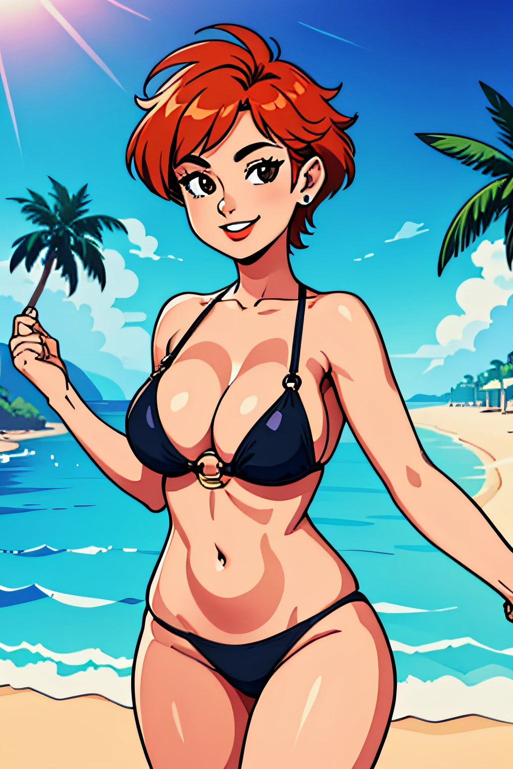 girl, beach,palm,sea, breasts, looking_at_viewer, smile, short_hair, large_breasts, cleavage, jewelry, swimsuit, bikini, red_hair, earrings, orange_hair, black_eyes, makeup, black_bikini, lipstick, o-ring, cropped_legs, mature_female, o-ring_bikini ,(masterpiece,detailed,highres:1.1)