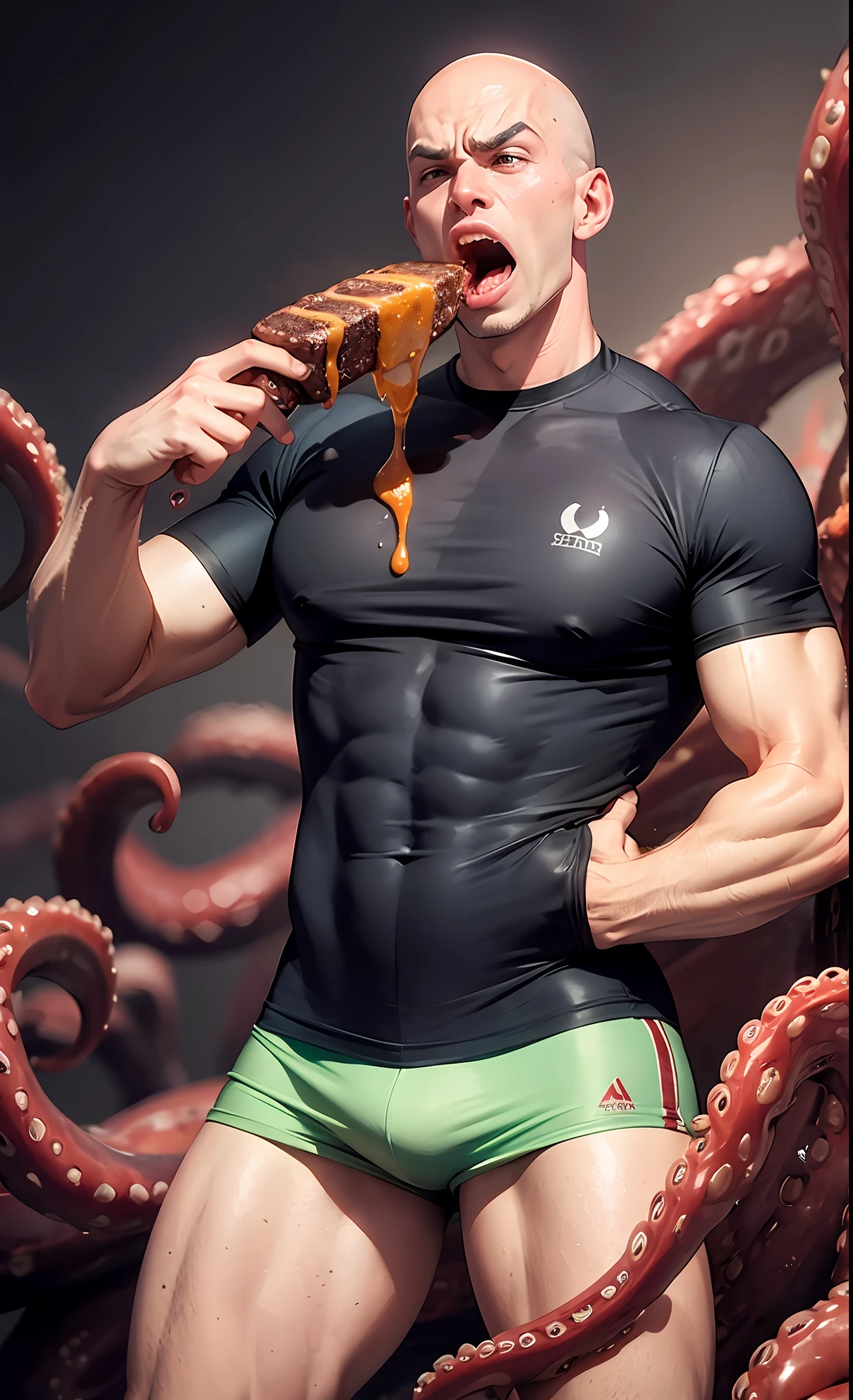 Homem pelado, beef cake. He's screaming because his hot pecs are being sucked by tentacles. Imenso peitoral.