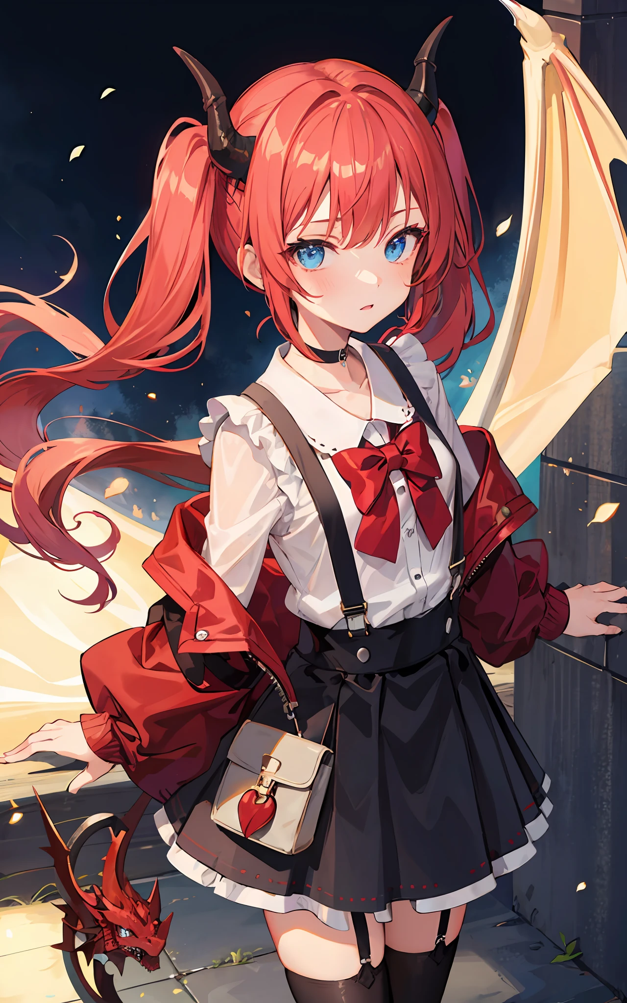 {{best quality}}, {{masterpiece}}, {{ultra-detailed}}, {illustration}, {detailed light}, red hair,blue eyes,twintails,lolita,Suspenders skirt,Fantastic,loli,solo,Dragon horns,little girl,long hair
