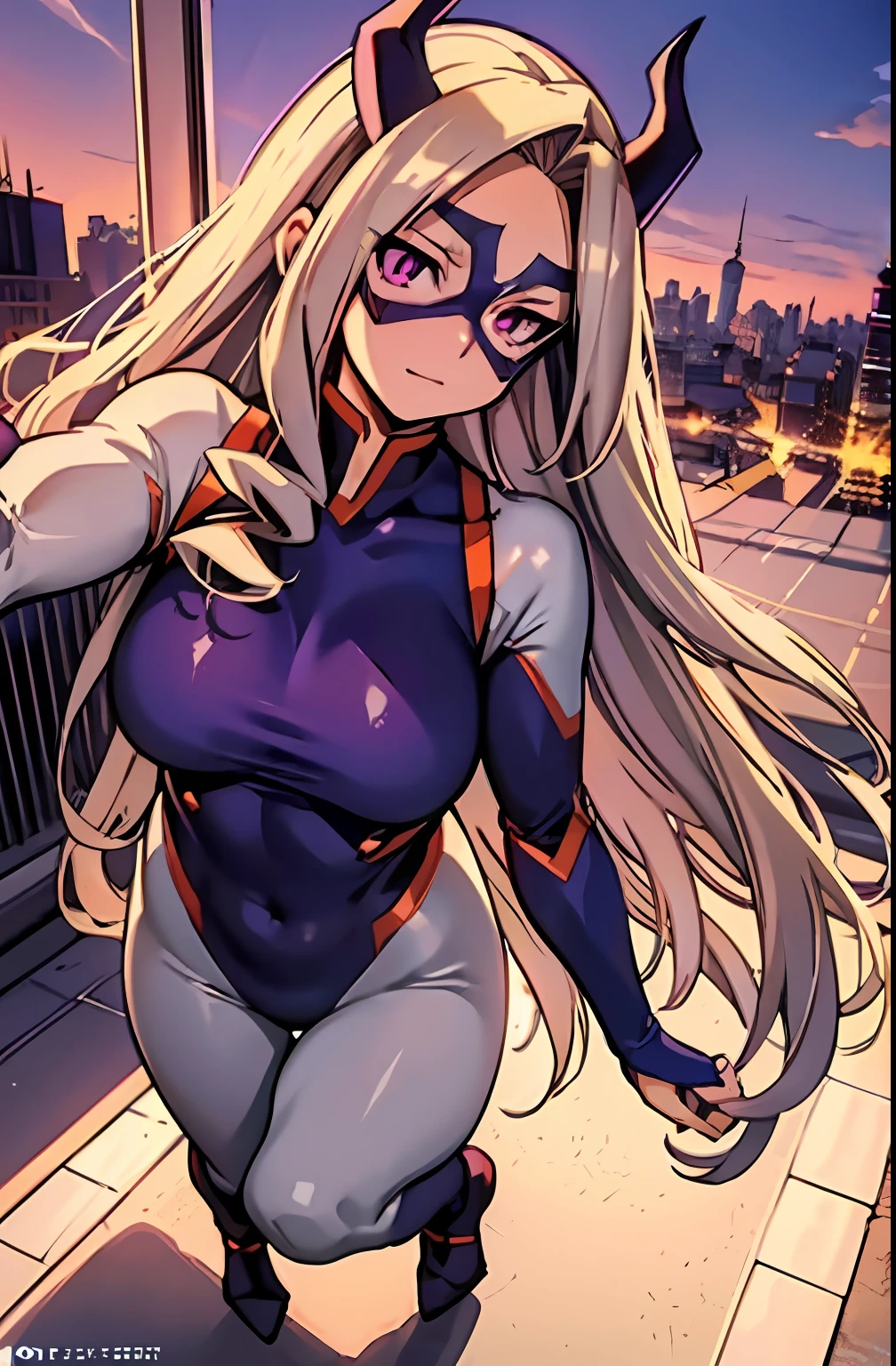 scan, (extremely detailed CG unity 8k wallpaper:1.1), highres, (1girl), mtladymha, boku no hero academia, long hair, blonde hair, horns, domino mask, bodysuit, large breasts, purple eyes, sunlight, ambient light, city, looking at viewer, full body,