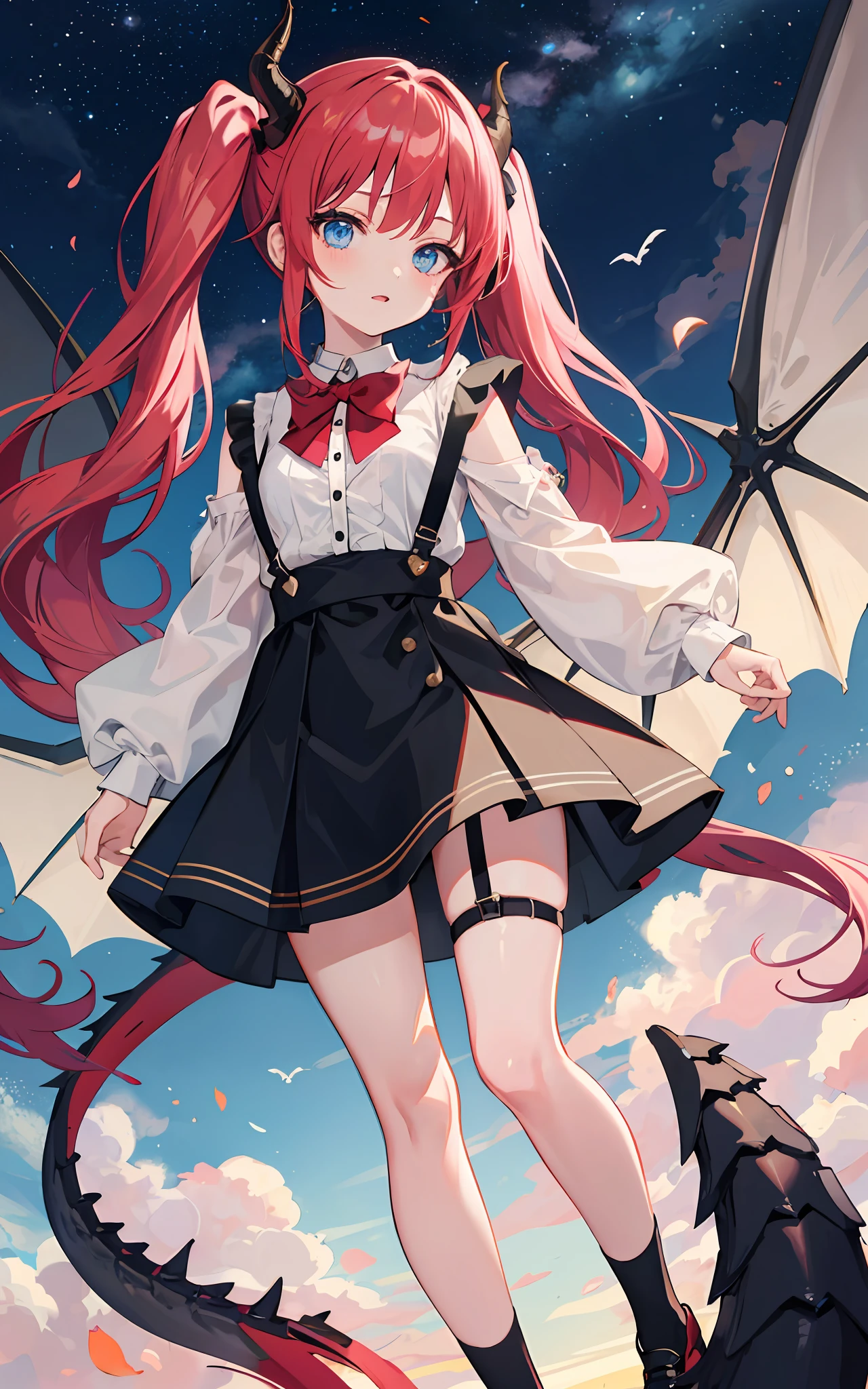 {{best quality}}, {{masterpiece}}, {{ultra-detailed}}, {illustration}, {detailed light}, red hair,blue eyes,twintails,lolita,Suspenders skirt,Fantastic,loli,solo,Dragon horns,little girl,long hair