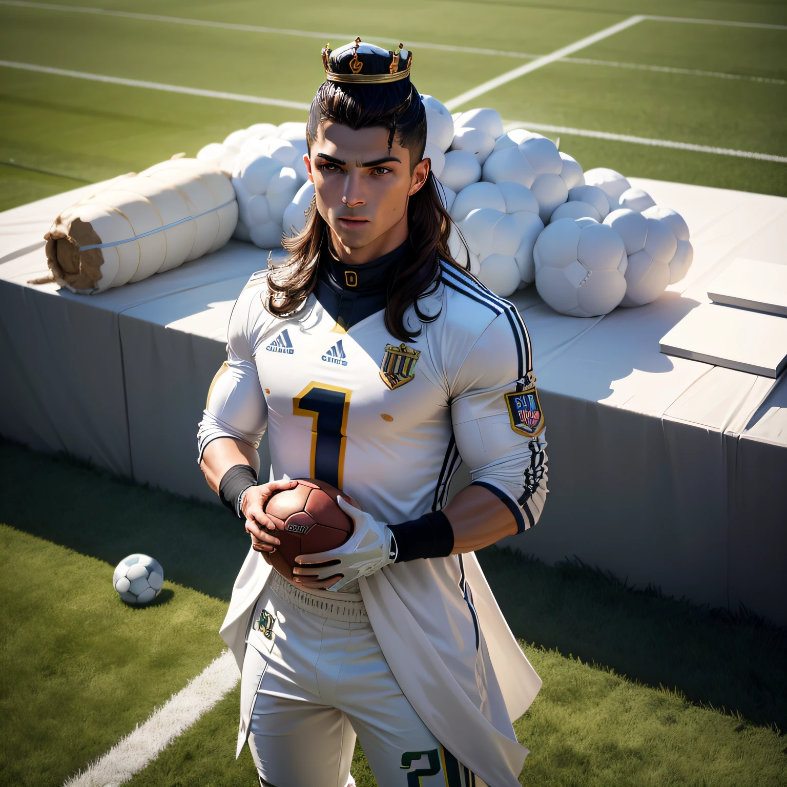 Cristiano Ronaldo, Huge football field, Huge high football railings,Multiple footballs from multiple luxury brands,glory,A crown on the head,Royal style,Art style,(The theme is Cristiano Ronaldo) ,Player No. 7,Facial cleansing,cparted lips,brunette color hair,nase,Most detailed,top Quority,best qualtiy,8K, High detail,