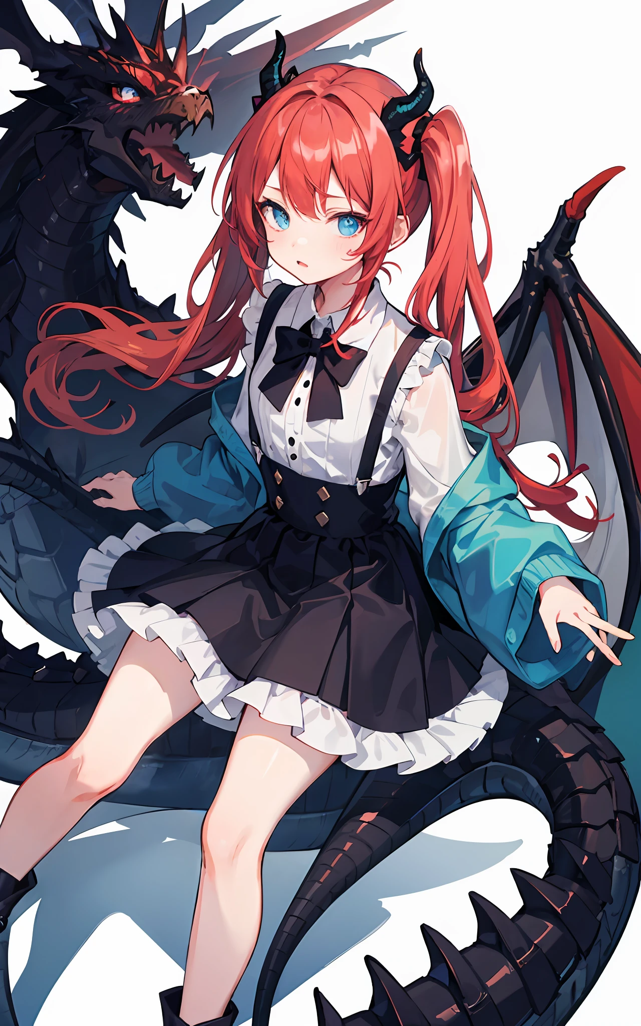 {{best quality}}, {{masterpiece}}, {{ultra-detailed}}, {illustration}, {detailed light}, red hair,blue eyes,twintails,lolita,Suspenders skirt,Fantastic,loli,solo,Dragon horns,little girl,long hair