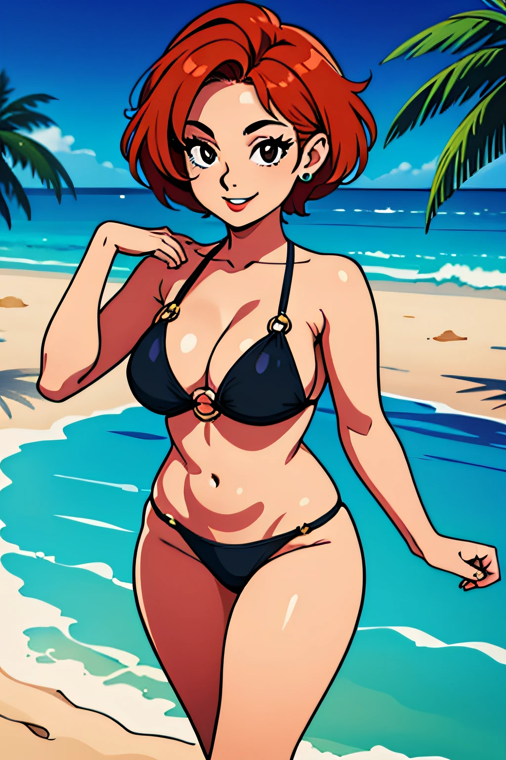 girl, beach,palm,sea, breasts, looking_at_viewer, smile, short_hair, large_breasts, cleavage, jewelry, swimsuit, bikini, red_hair, earrings, orange_hair, black_eyes, makeup, black_bikini, lipstick, o-ring, cropped_legs, mature_female, o-ring_bikini ,(masterpiece,detailed,highres:1.1)