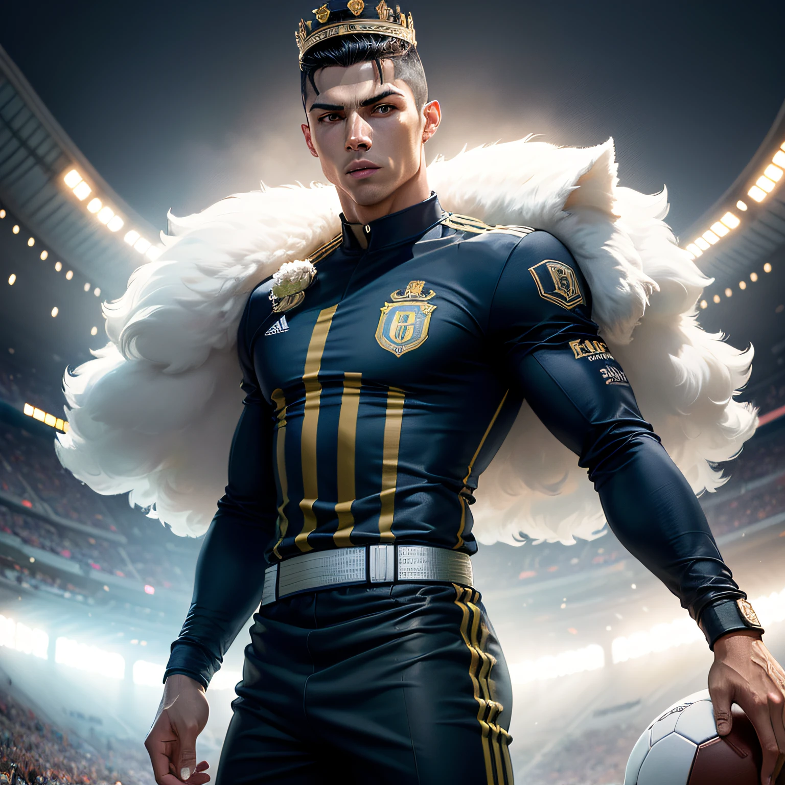 Cristiano Ronaldo, Huge football field, Huge high football railings,Multiple footballs from multiple luxury brands,glory,A crown on the head,Royalty style,Art style,(The theme is Cristiano Ronaldo) --auto