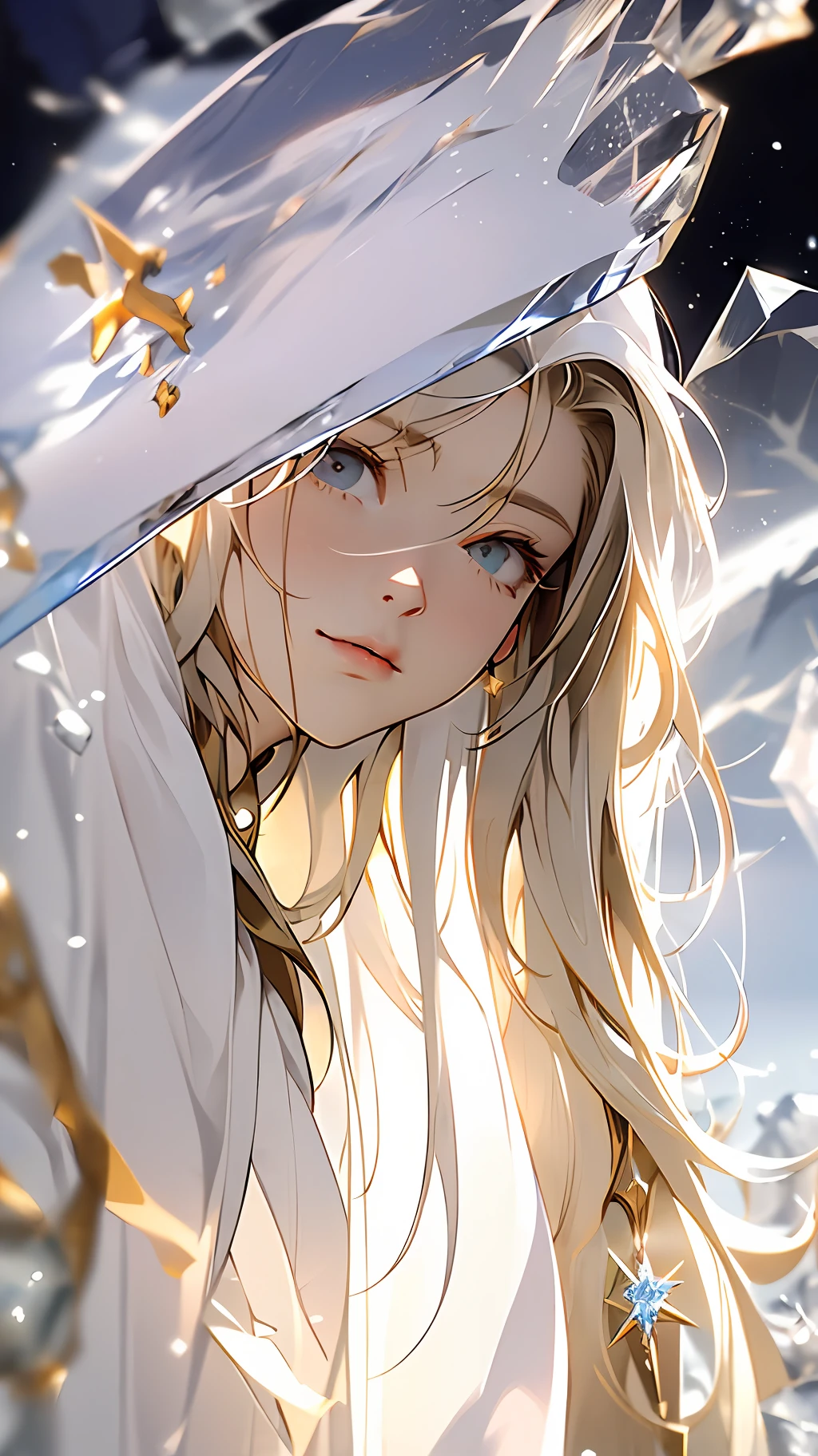 cold shades。Libido boy，Young men，k hd，best qualtiy，Snow and ice theme，Photorealistic photorealism，With light particles and volumetric light effects，Crystal Shard，rendering，Ice and snow scenes，（crystal hair），Land of gems，（（（Transparent hair））），Simple white clothes，long white robe，holy rays，Dingdall effect