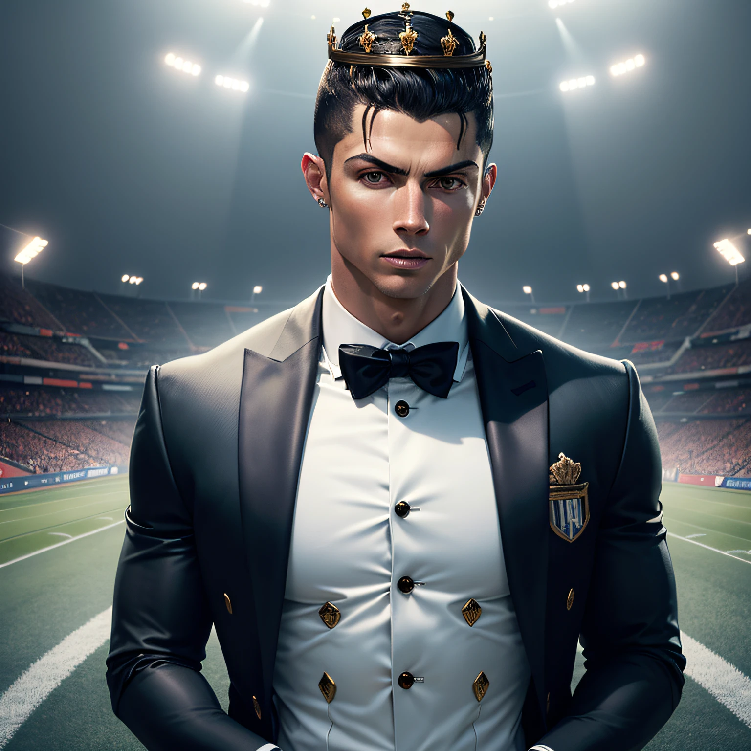 Cristiano Ronaldo, Huge football field, Huge high football railings,Multiple footballs from multiple luxury brands,glory,A crown on the head,Royalty style,Art style,(The theme is Cristiano Ronaldo) --auto