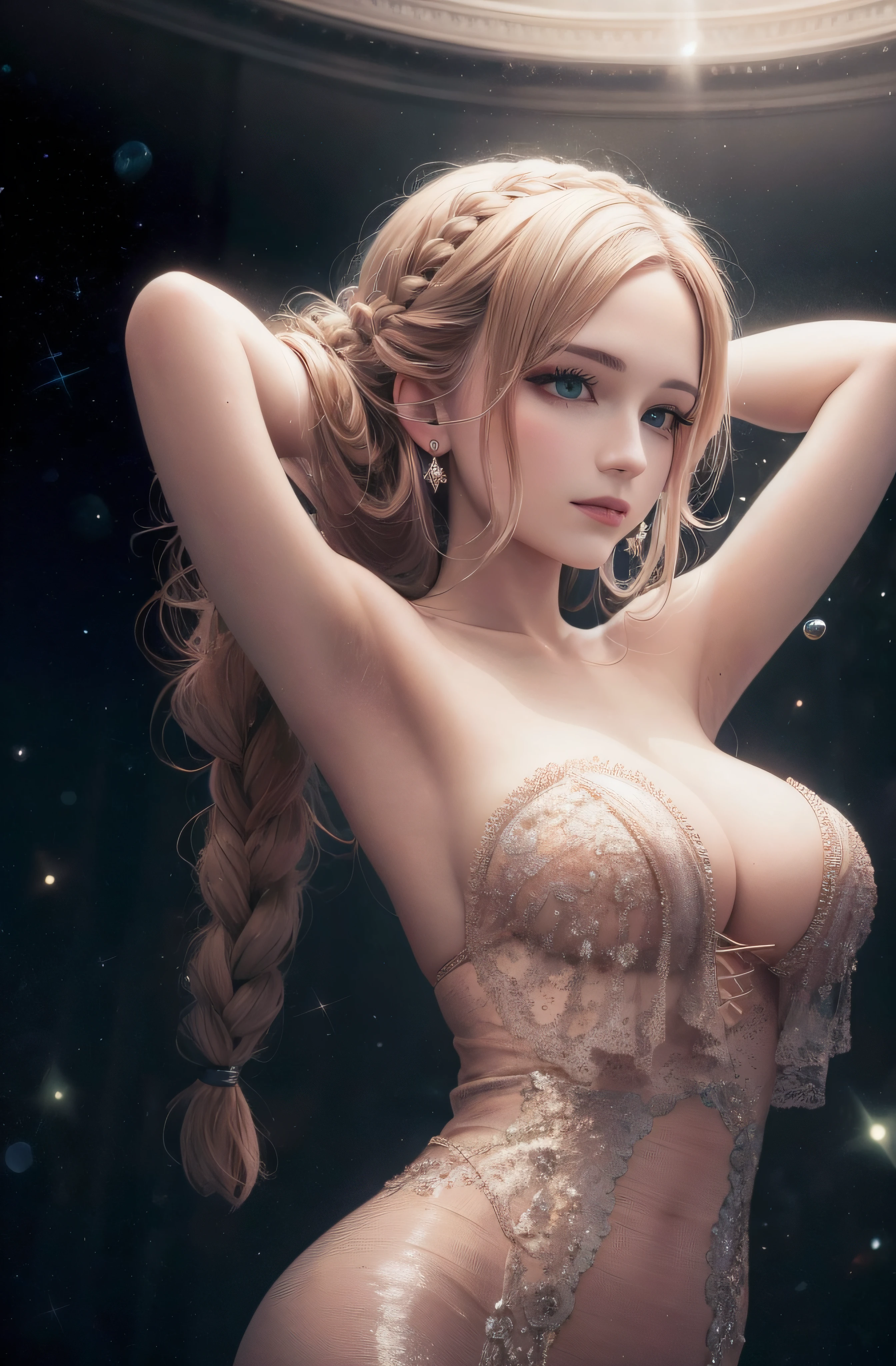 best quality, masterpiece, upper body,
(adult:1.6) hungarian woman, (smirk:0.4), arms behind head,
braided auburn hair,
emerald eyes,
cosmic strapless dress,
 floating light particles, centered,