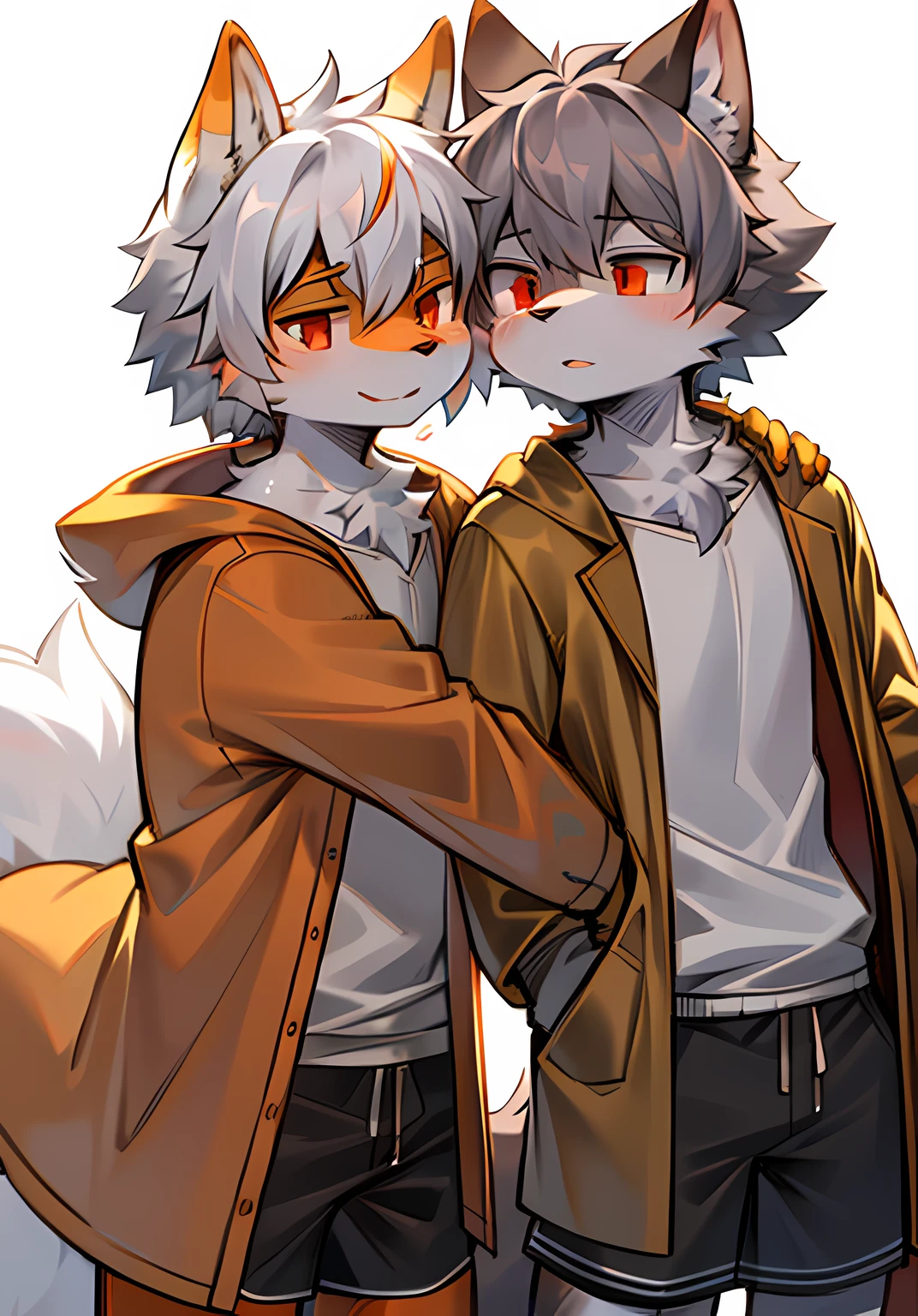 eyes with brightness，in a panoramic view，Character focus，独奏，shaggy，shaggy male，malefocus，anthr，（Full body fur，Fluffy tail，Off-white fur，Orange-red eyes，Gray hair，Orange coat，grey shorts：1.2）Double，hugs