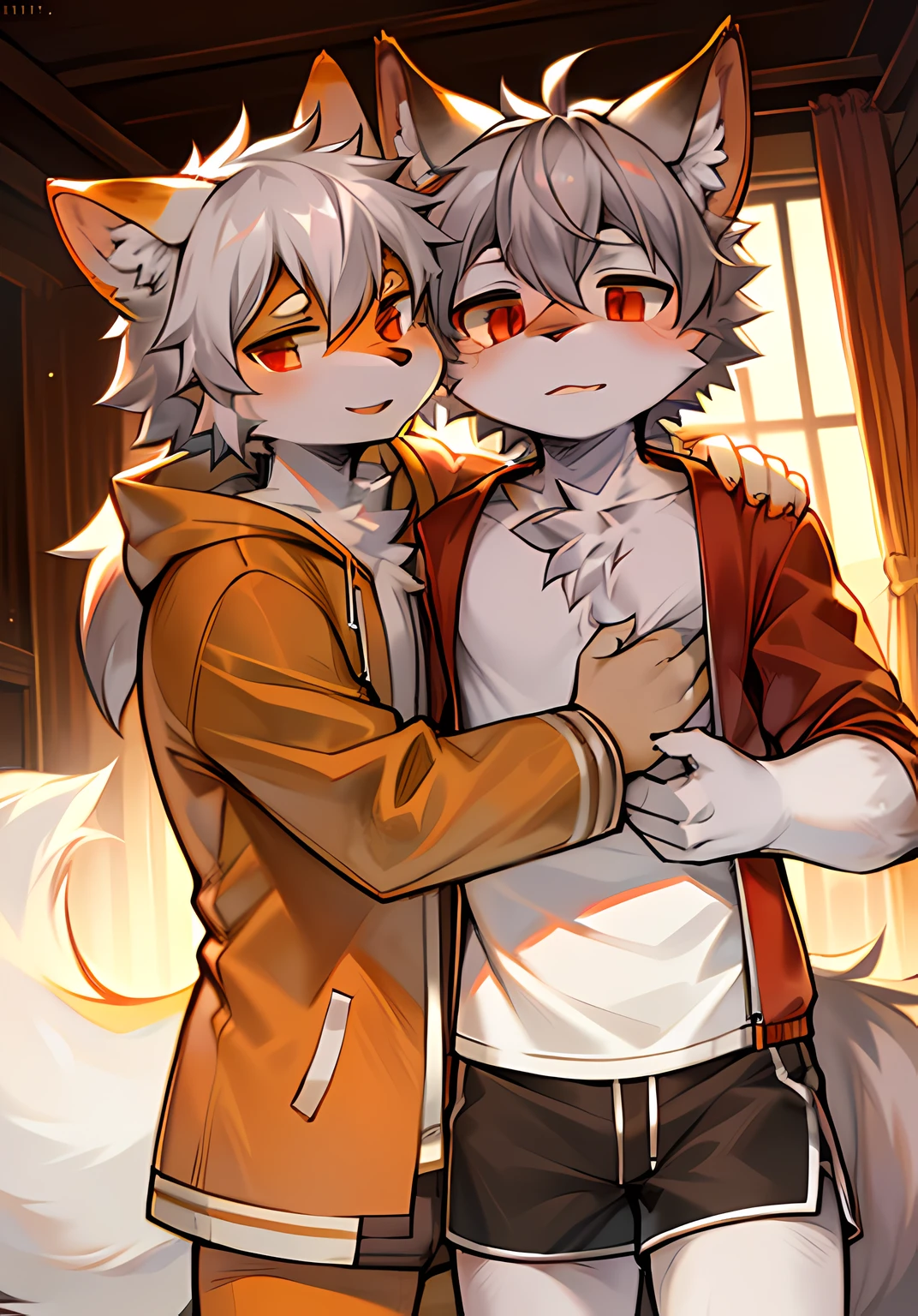 eyes with brightness,in a panoramic view,Character focus,独奏,shaggy,shaggy male,malefocus,anthr,(Full body fur,Fluffy tail,Off-white fur,Orange-red eyes,Gray hair,Orange coat,grey shorts:1.2)Double,hugs