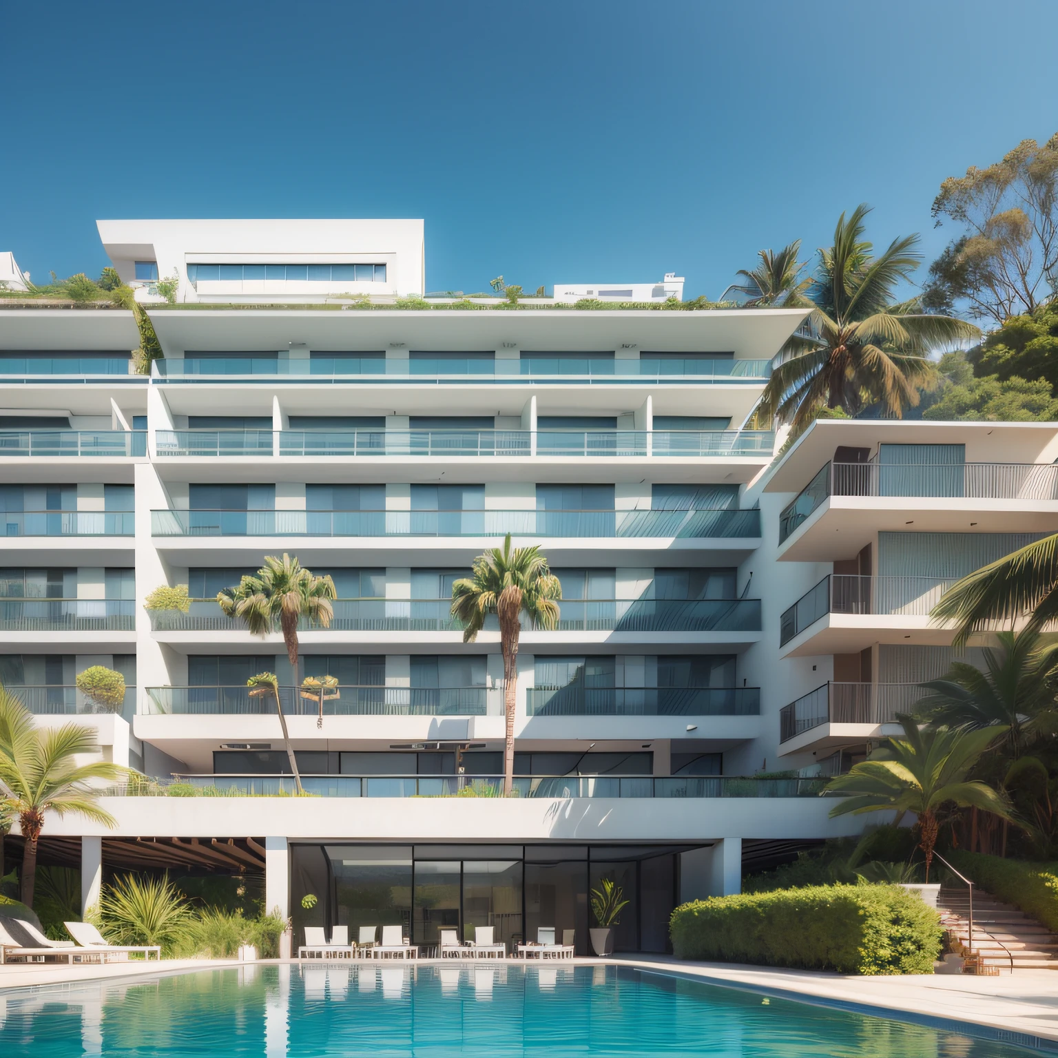Grande hotel, Arquitetura futurista, building in the background, Building with grandevlawdo on the beach, Arquitetura moderna, grande piscina em frente ao hotel, restaurante interior com grandes fachadas em vidro, grandes candeeiros no interior, lots of vegetation around, hotel com 120 quartos, Arquitetura moderna, organic architecture, Geometria luxuosa, hiper-realista, Fantastic 8K architecture, UHD — AR 16: