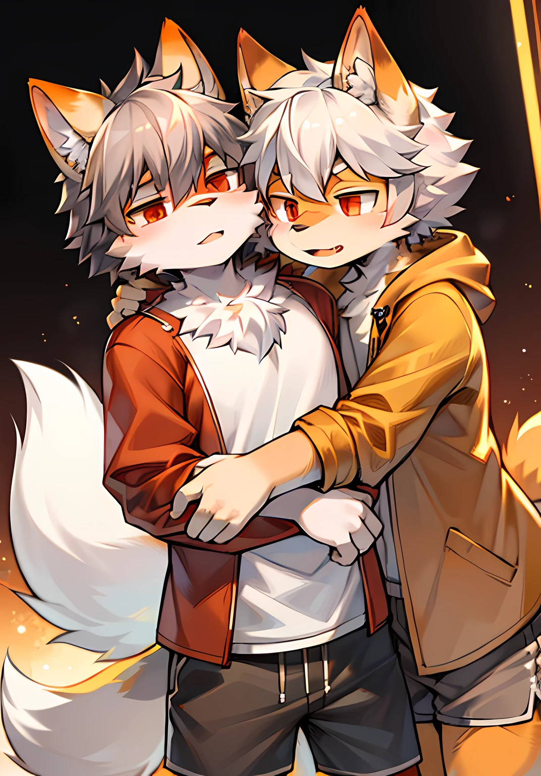 eyes with brightness,in a panoramic view,Character focus,独奏,shaggy,shaggy male,malefocus,anthr,(Full body fur,Fluffy tail,Off-white fur,Orange-red eyes,Gray hair,Orange coat,grey shorts:1.2)Double,hugs