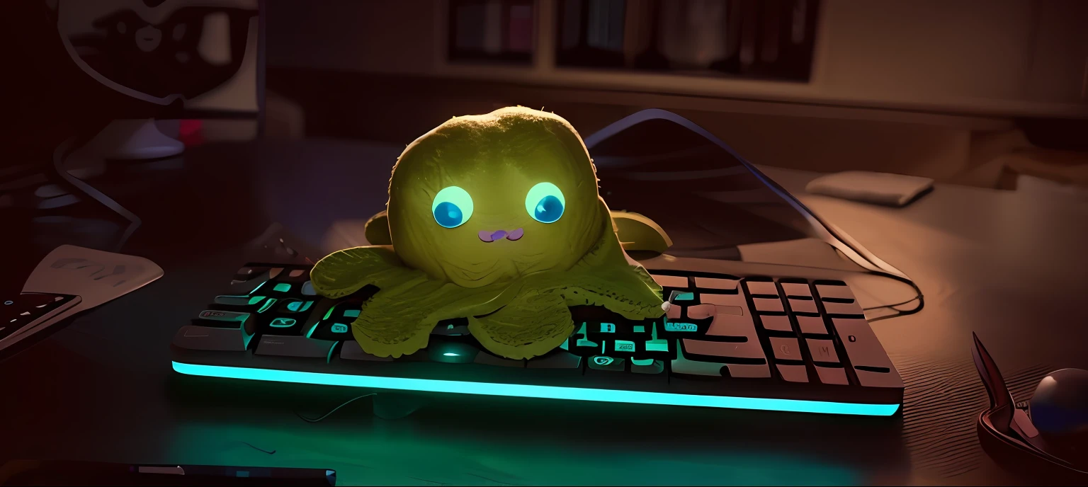 There's a stuffed octopus sitting on a keyboard with a computer monitor, Super Nova Octopus, Cthulhu bonito, foto de cthulhu, plushie, very detailed felt plushie, anthropomorphic octopus, Capturado na Canon EOS R 6, polvo ciborgue, stuffed toy, mecha em forma de peixe-boi, coronavirus as a stuffed toy, tentacles surrounding