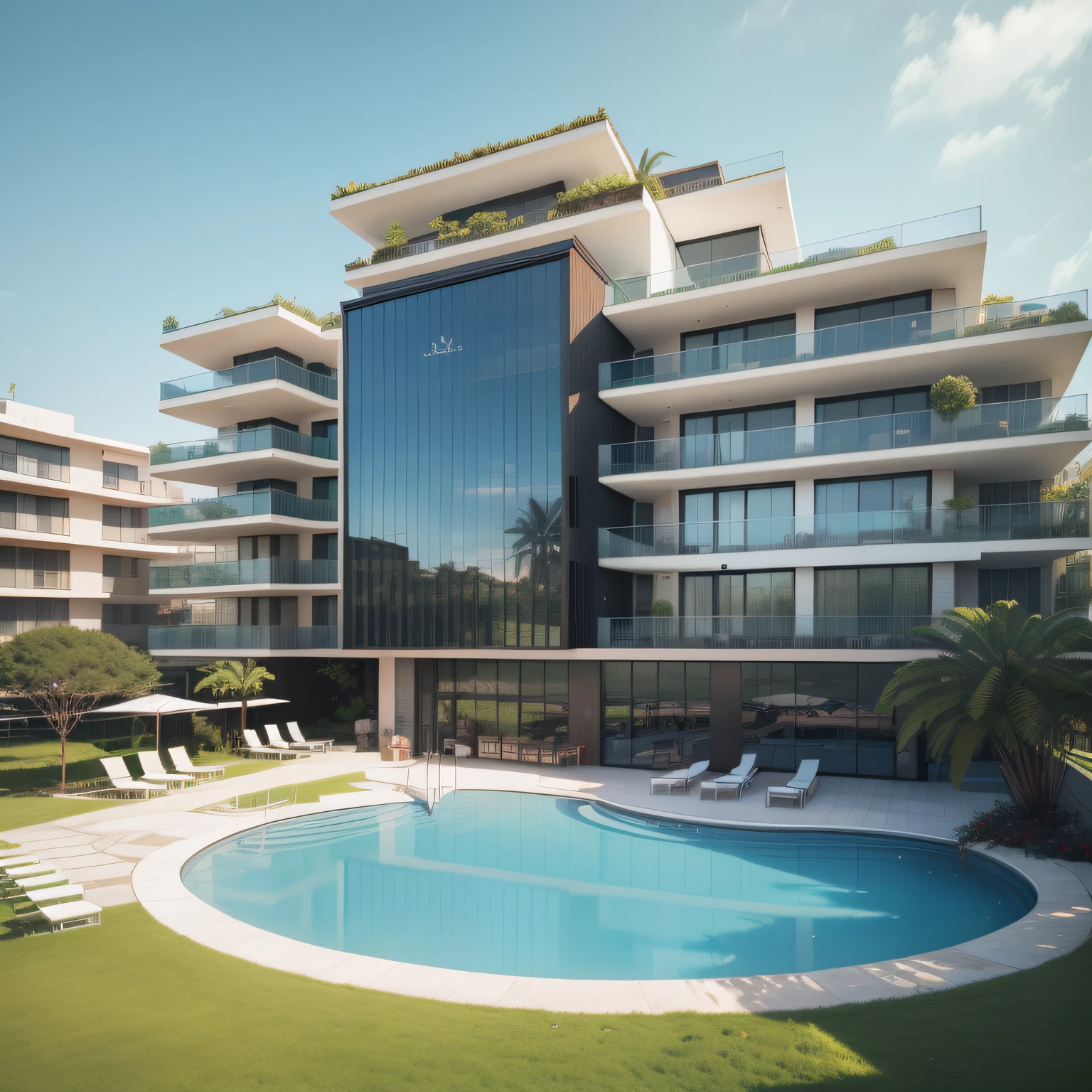 Grande hotel, Arquitetura futurista, building in the background, Building with grandevlawdo on the beach, Arquitetura moderna, grande piscina em frente ao hotel, restaurante interior com grandes fachadas em vidro, grandes candeeiros no interior, lots of vegetation around, hotel com 120 quartos, Arquitetura moderna, organic architecture, Geometria luxuosa, hiper-realista, Fantastic 8K architecture, UHD — AR 16: