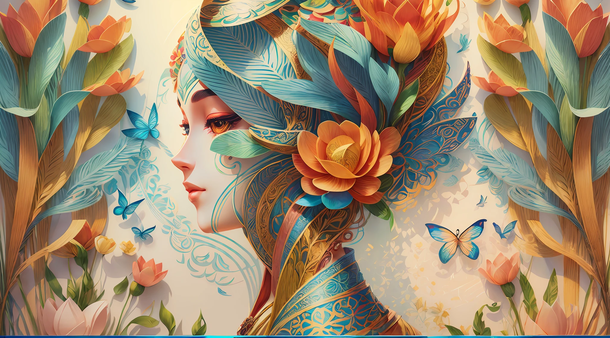 (illustration:1.3),summertime, paper art, 3D rendering of, Colorful, Beauty side face, lotuses, Lines, Best quality, Detailed details, Masterpiece, offcial art, Cinematic lighting effects, 4K,