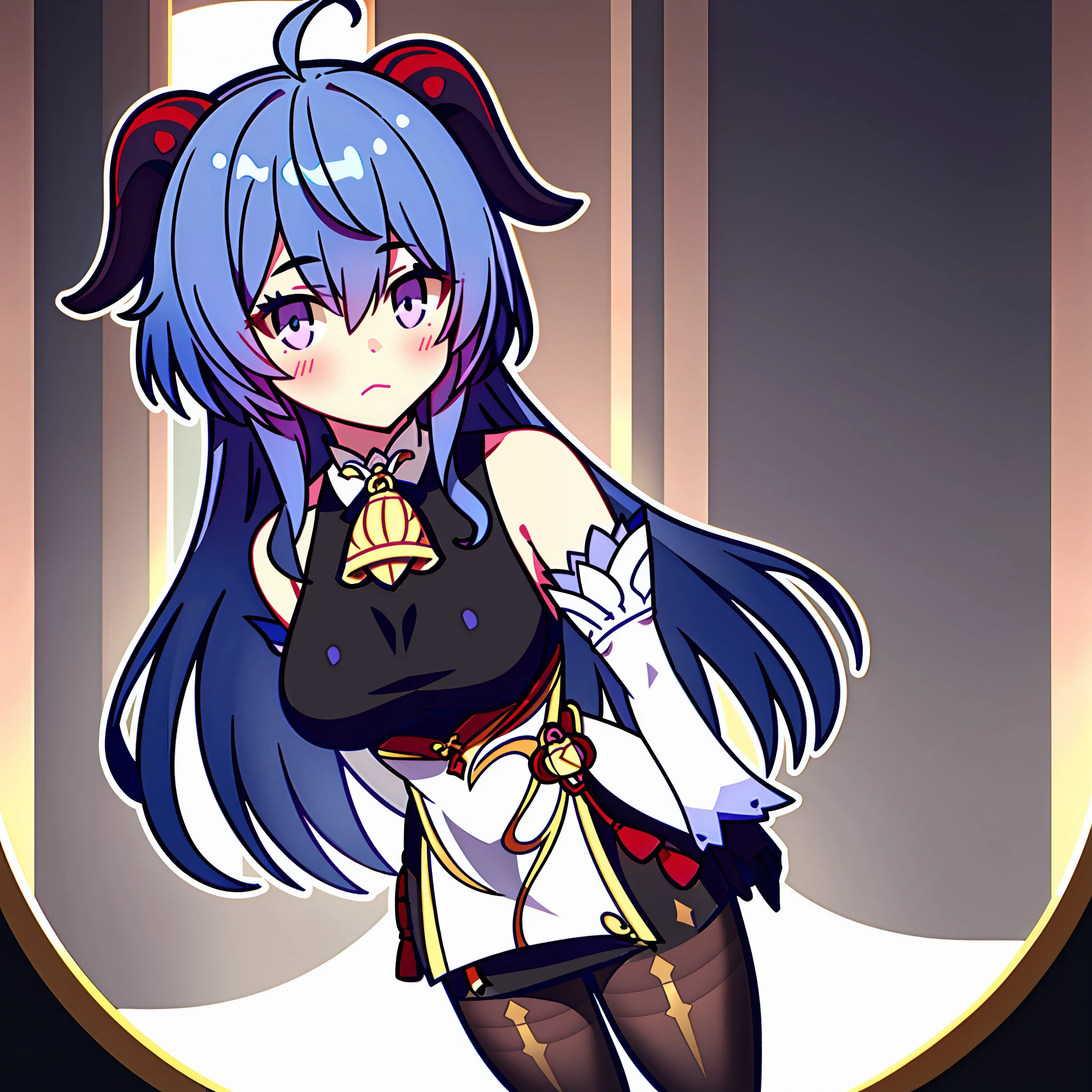 masterpiece, (photorealistic:1.5), best quality, beautiful lighting, real life,
ganyu \(genshin impact\), 1girl, ahoge, architecture, bangs, bare shoulders, bell, black gloves, black pantyhose, (blue hair), blush, breasts, chinese knot, detached sleeves, east asian architecture, flower knot, gloves, horns, long hair, looking at viewer, medium breasts, neck bell, night, outdoors, pantyhose, purple eyes, sidelocks, solo, tassel,  white sleeves, (ulzzang-6500:0.5)
, intricate, high detail, sharp focus, dramatic, beautiful girl , (RAW photo, 8k uhd, film grain), caustics, subsurface scattering, reflections