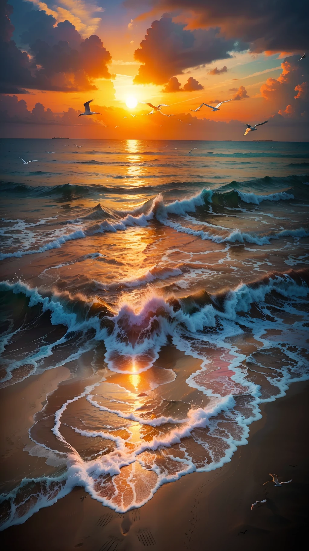 An absolutely mesmerizing sunset on the beach, with a mix of orange, pink, and yellow in the sky. The water is crystal clear, gently kisses the coast, and the white sand is endless. The scene is dynamic and breathtaking, with seagulls soaring high in the sky and palm trees swaying softly. Immerse yourself in the calm atmosphere and let the serenity surround you.