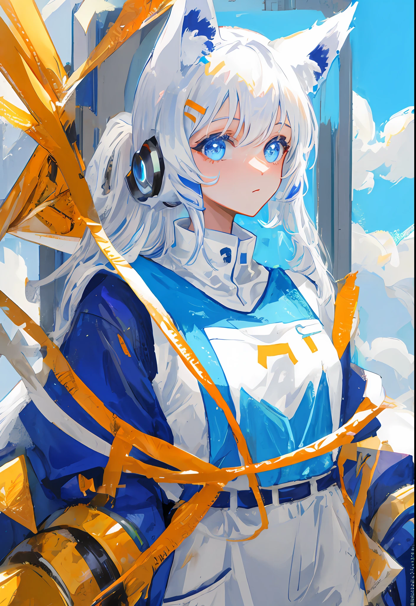The robot is white,Blue bib,Has wolf ears 8K