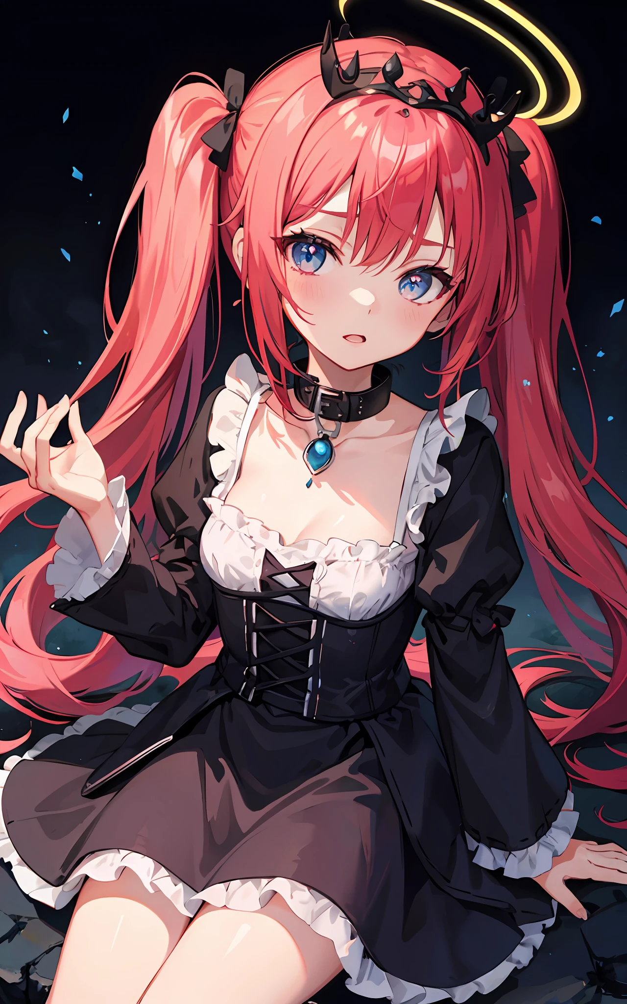 {{best quality}}, {{masterpiece}}, {{ultra-detailed}}, {illustration}, {detailed light}, Red hair, Blue eyes, twintails, Goth Lolita, Darkgoth, Collar,Crown tiara,pride,solo,loli,Long hair, halo