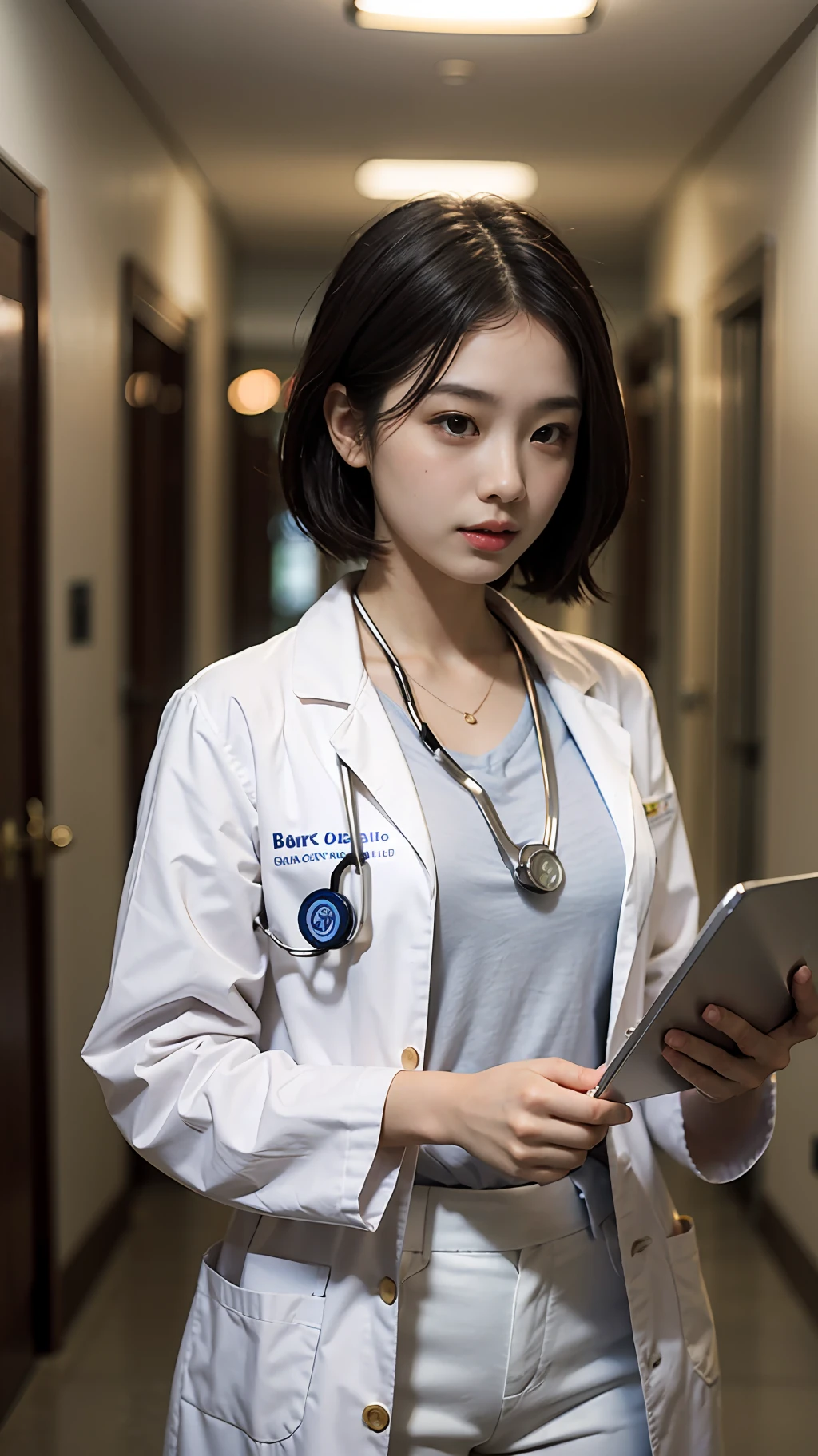 tmasterpiece,super high image quality,真实感,Three-dimensional feeling,physically-based renderingt,8K,A female college student,with a good figure,Medium height,with short black hair,hair messy,ssmile,slightly red face,Delicate facial features,Pure white doctor dress(White coat, White pants),Not exposed,Hang the stethoscope,In the hospital corridor,The background is real,Look at the audience,The report at hand,Dress generously,White skin in the red,The full,over distances,SLR shooting