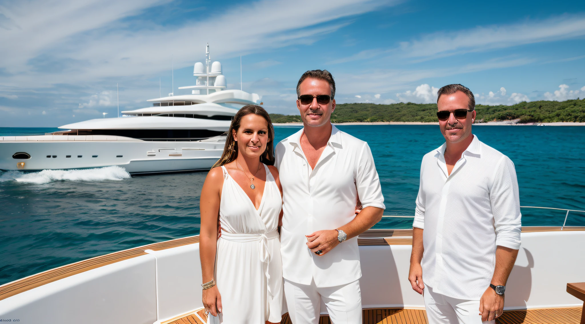 RAW photo, a portrait photo of 40 y.o white man and his lovely wife, formal beach clothes, standing in front of his luxury yacht party, natural skin, 8k uhd, high quality, film grain, Fujifilm XT3 ,beautiful symmetrical face, perfect sparkling eyes, well defined pupils, high contrast eyes, ultra detailed skin