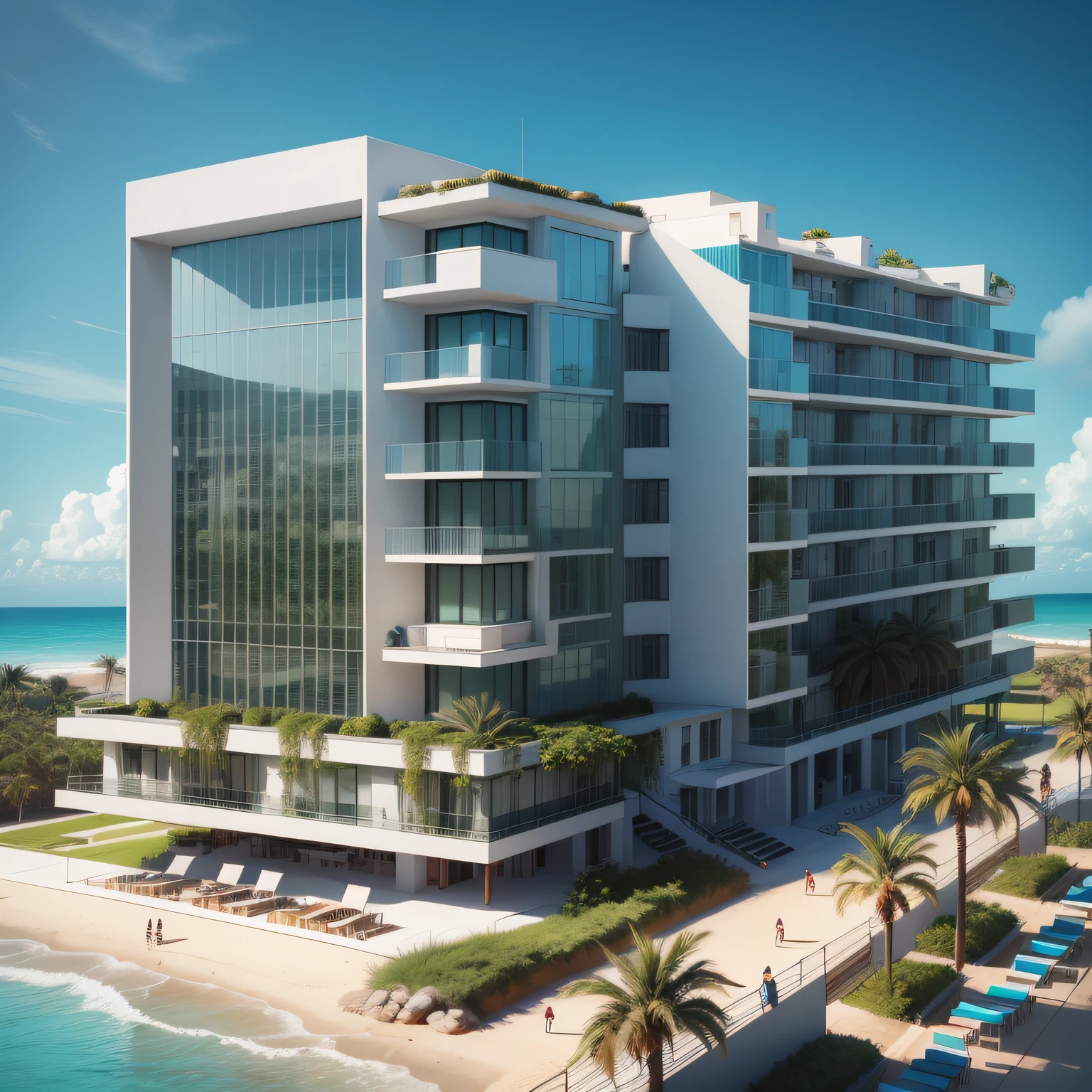 Grande hotel, Arquitetura futurista, building in the background, Building with grandevlawdo on the beach, Arquitetura moderna, grande piscina em frente ao hotel, restaurante interior com grandes fachadas em vidro, grandes candeeiros no interior, lots of vegetation around, hotel com 120 quartos, Arquitetura moderna, organic architecture, Geometria luxuosa, hiper-realista, Fantastic 8K architecture, UHD — AR 16: