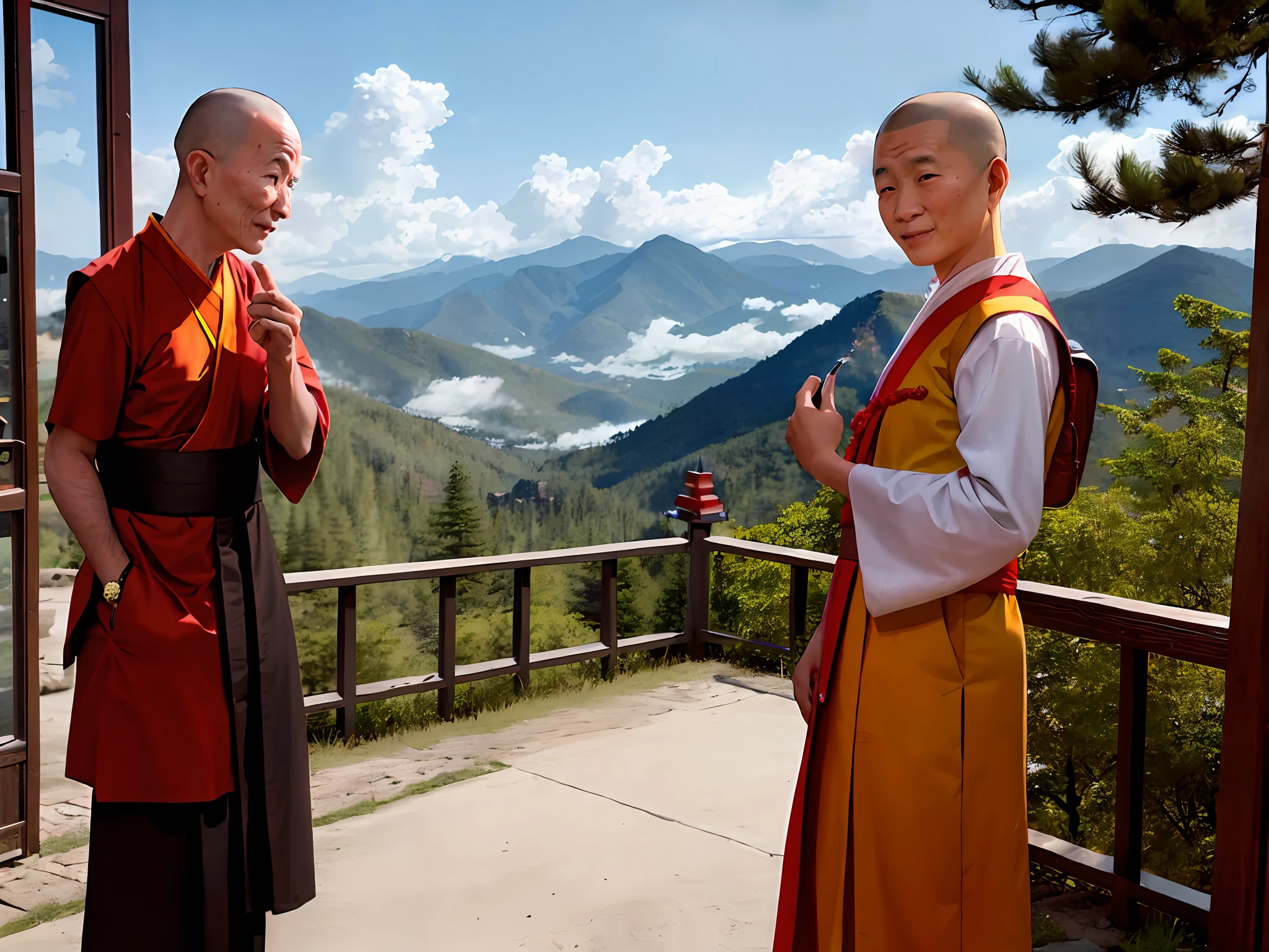 Buddhist monk wearing Samueh, idede de 68 anos, paisagem montanhas, na china, homem velho