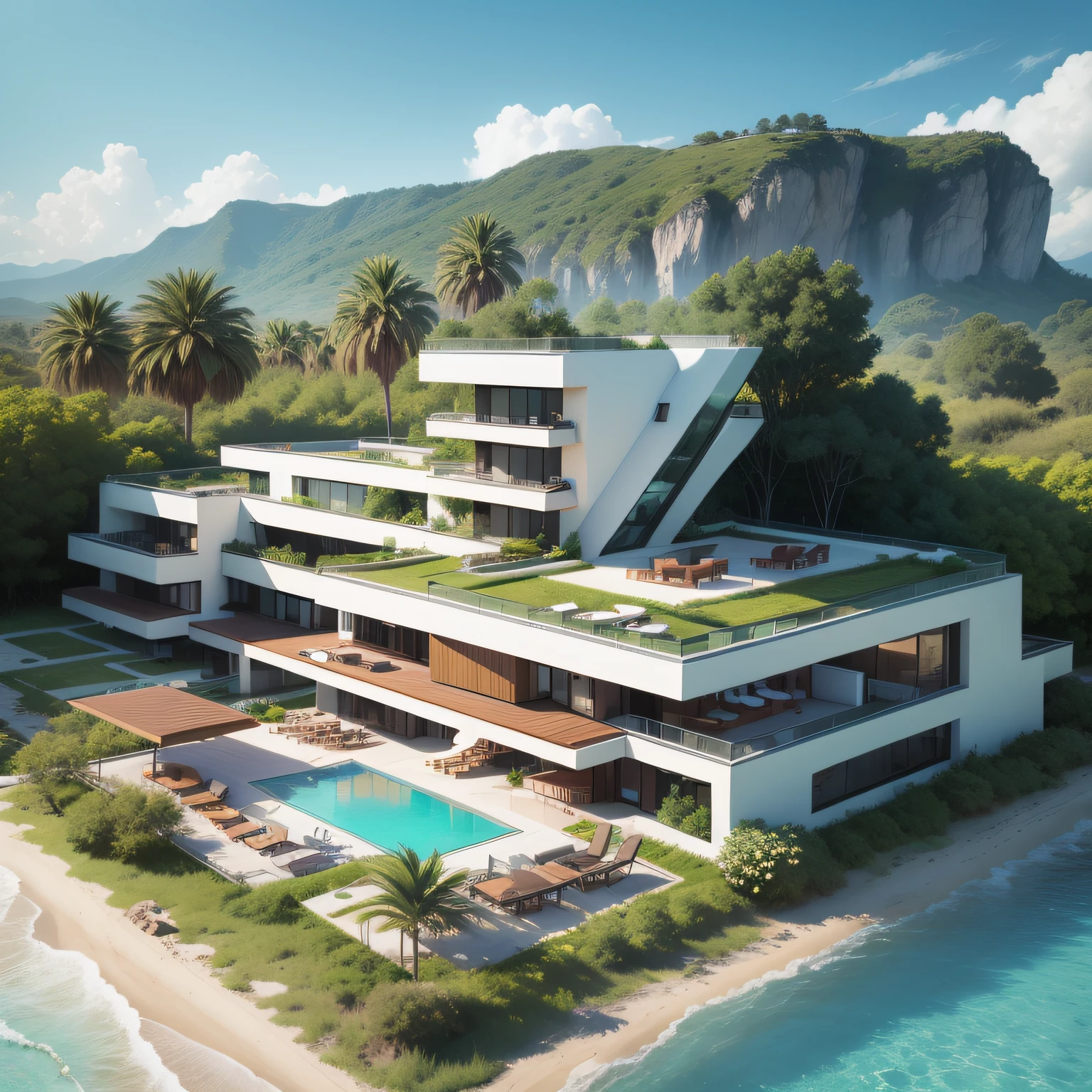 Grande hotel, Arquitetura futurista, building in the background, Building with grandevlawdo on the beach, Arquitetura moderna, grande piscina em frente ao hotel, restaurante interior com grandes fachadas em vidro, grandes candeeiros no interior, lots of vegetation around, hotel com 120 quartos, Arquitetura moderna, organic architecture, Geometria luxuosa, hiper-realista, Fantastic 8K architecture, UHD — AR 16: