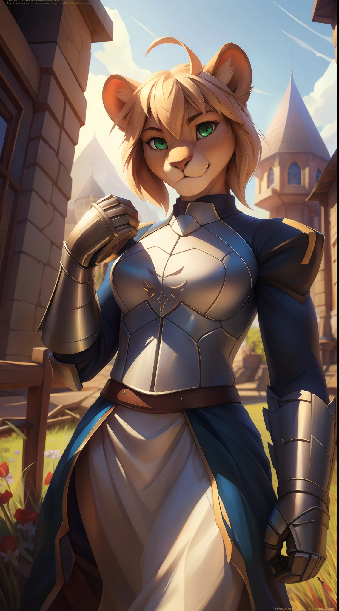 uploaded on e621, by Pixelsketcher, by Bayard Wu, by Thomas Benjamin Kennington, by Einshelm, solo, lion_anthro, white fur, tail, aasaber, green eyes, ahoge, gauntlets, ultra-detailed, 1girl, castle, looking at the viewer, cowboy shot, depth of field, bloom, ray tracing, cowboy shot, masterpiece, best quality, 4K, backlighting