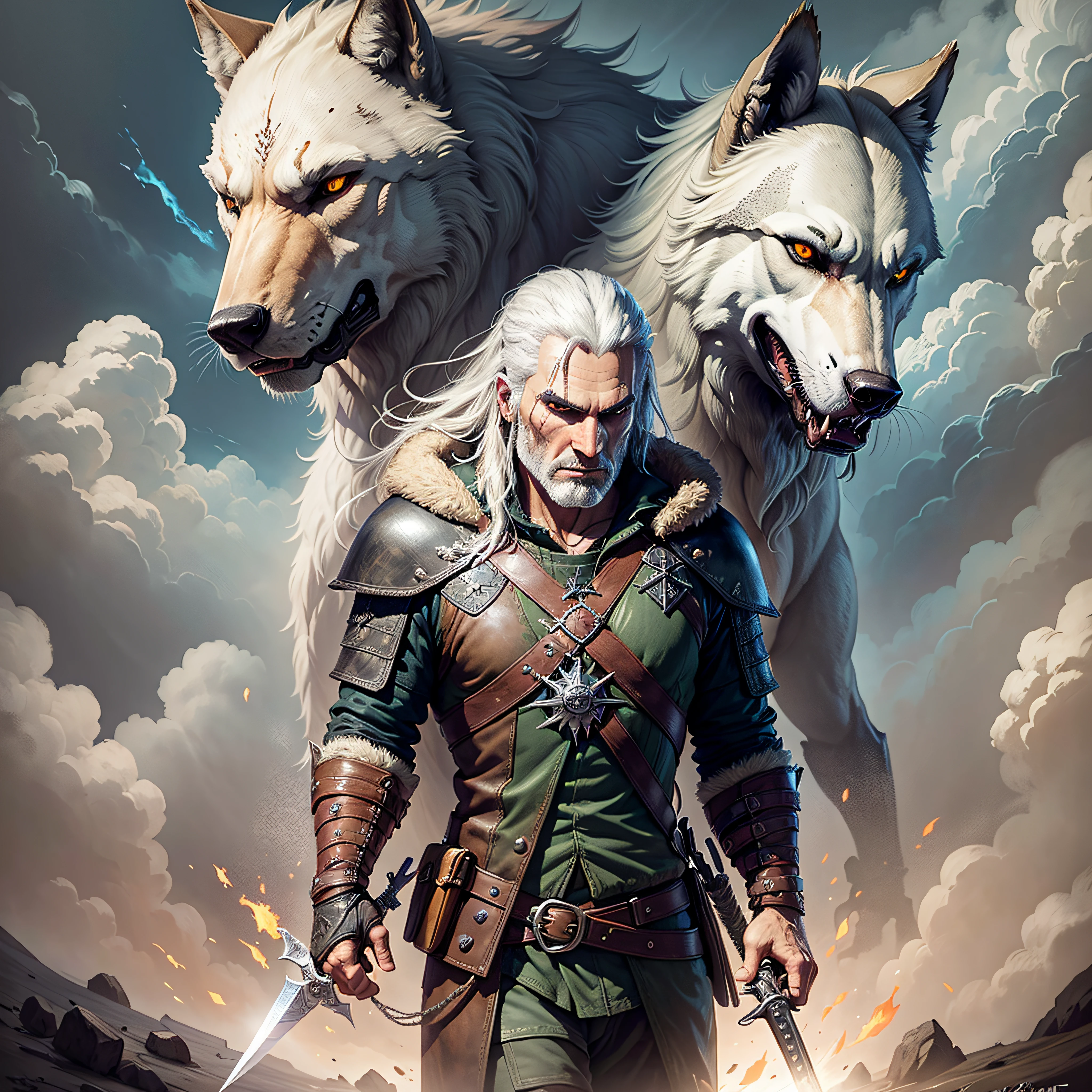 Geralt of Rivia holding sword, skell, lambert and vesemir, 4K quality, wolf school background, and wolf symbol --auto --s2