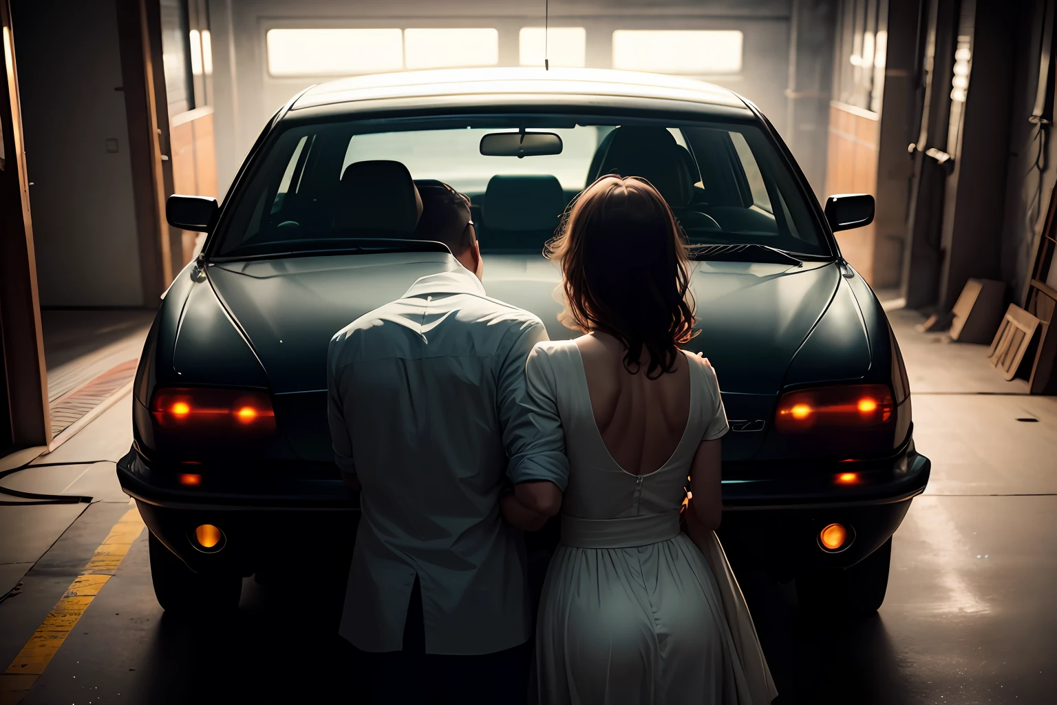 a back view of a woman entering a dimly lit car workshop surprising a couple in the middle of an intimate moment. --auto