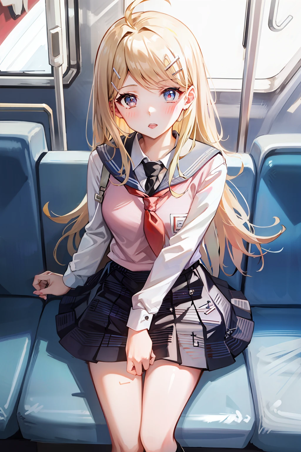 a blond、gals、On the train、hi-school girl、a picture、medium chest