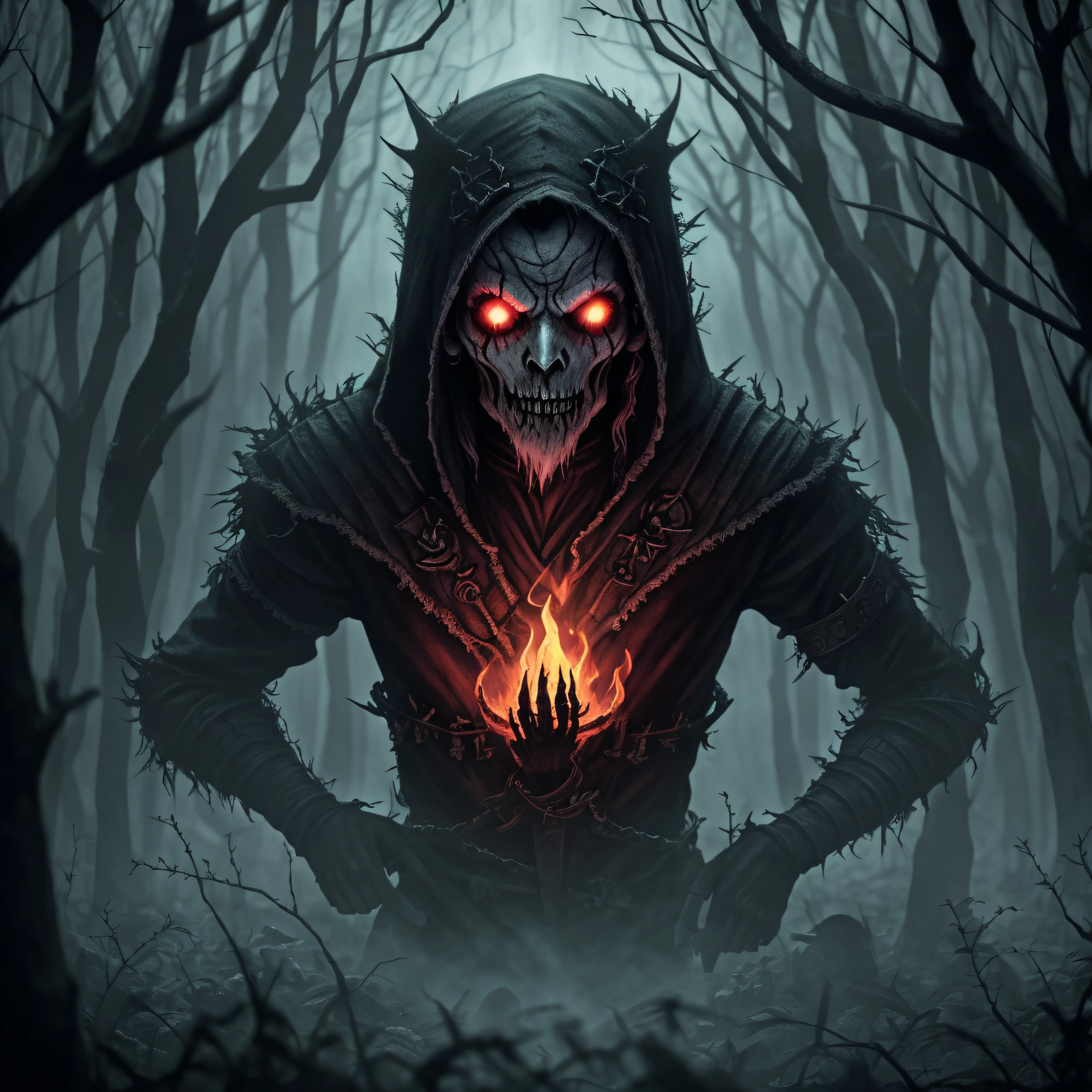necromancer litch in the dark forest, with zombies being invoked, 4k , dark horror style, low lighting --auto --s2