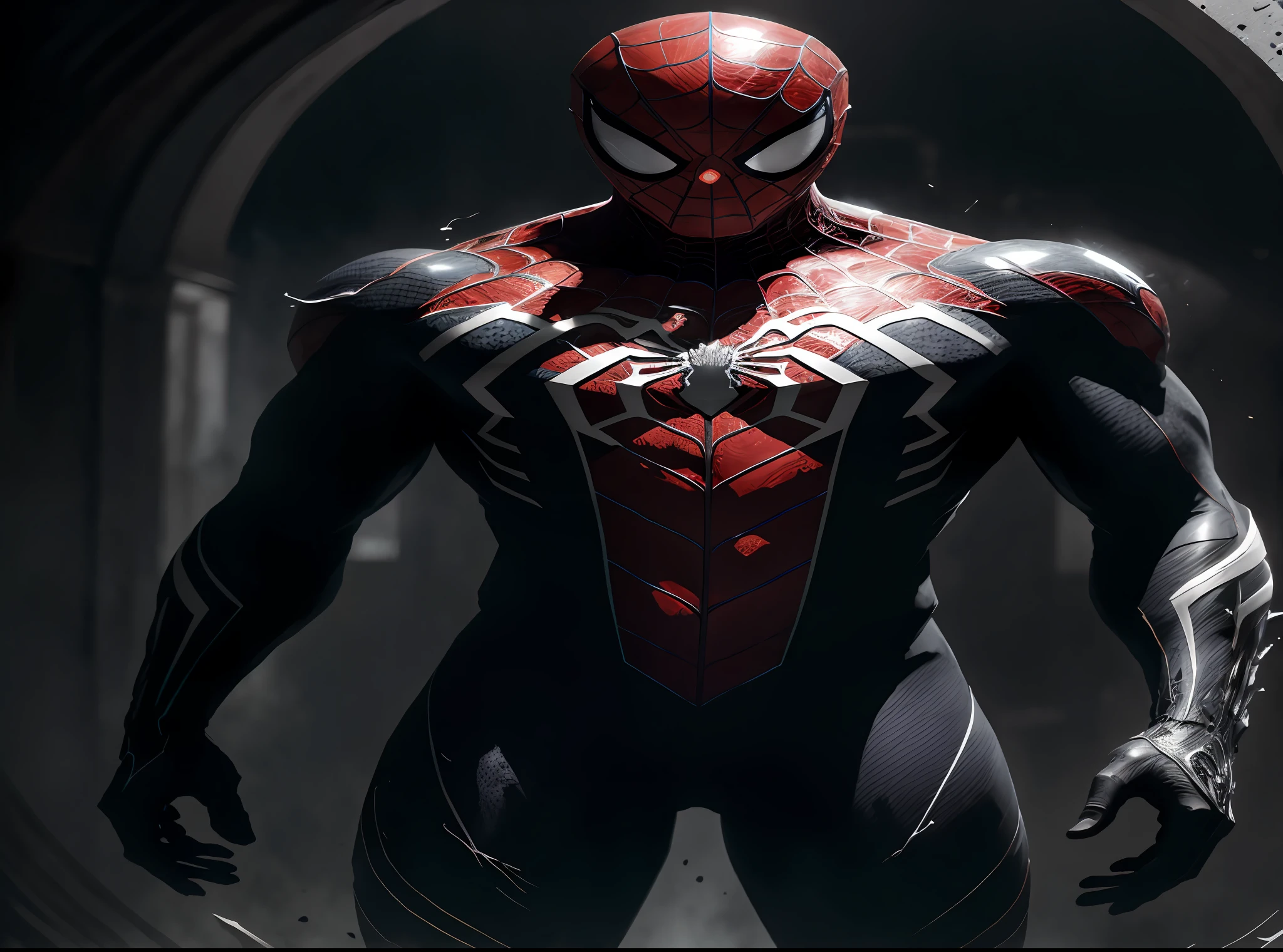 (8k, RAW photo, best quality, masterpiece: 1.2), ultra detailed, official art, photo-realistic: 1.37, spider man, black suit, spider in the center of your chest in white, organic looking clothing, gooey testura, symbiote, art, PS5 cinematic screenshot, highly detailed and detailed cinematic rendering, ultra photorealistic raytricing, with cinematic lightingaction pose