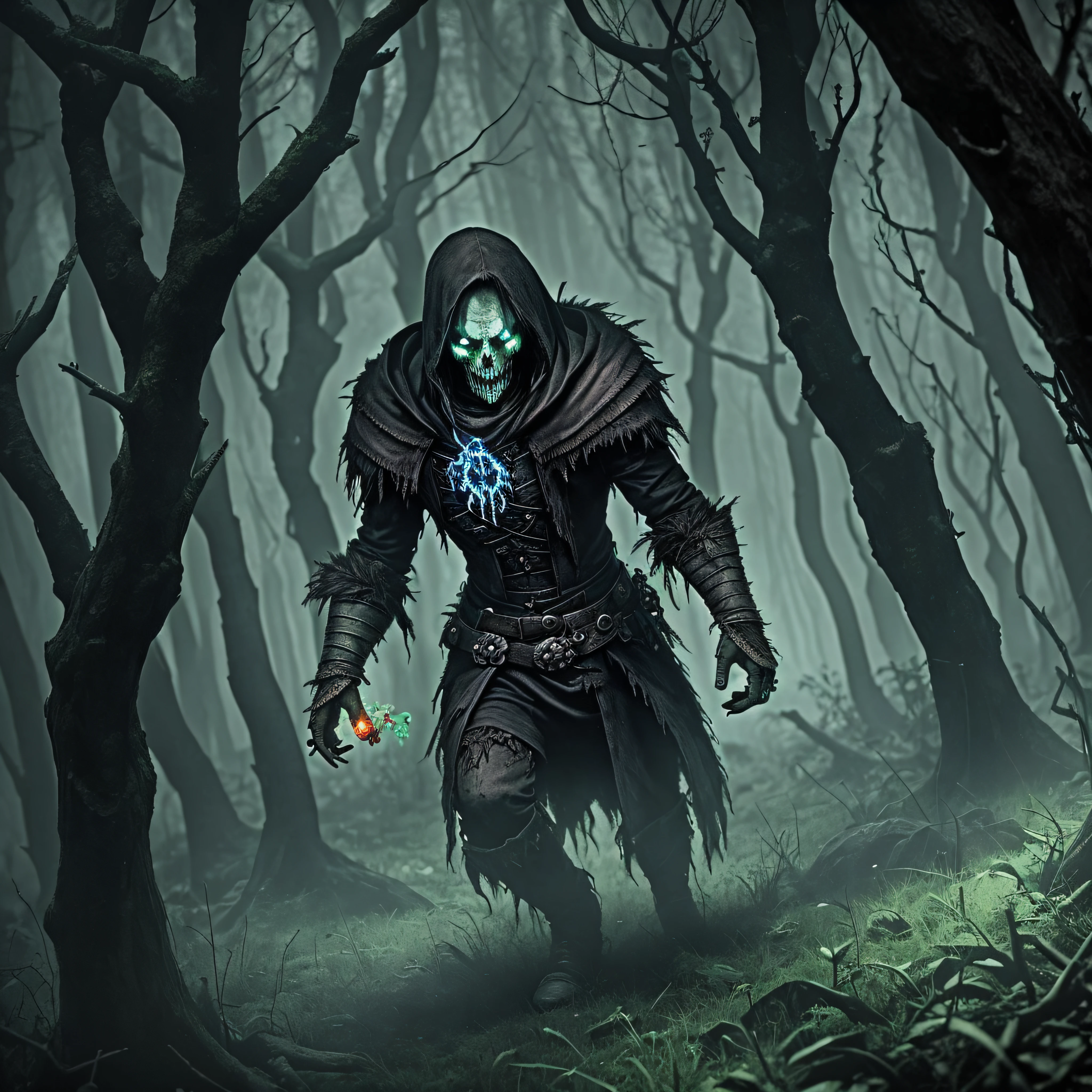 necromancer litch in the dark forest, with zombies being invoked, 4k , dark horror style, low lighting --auto --s2