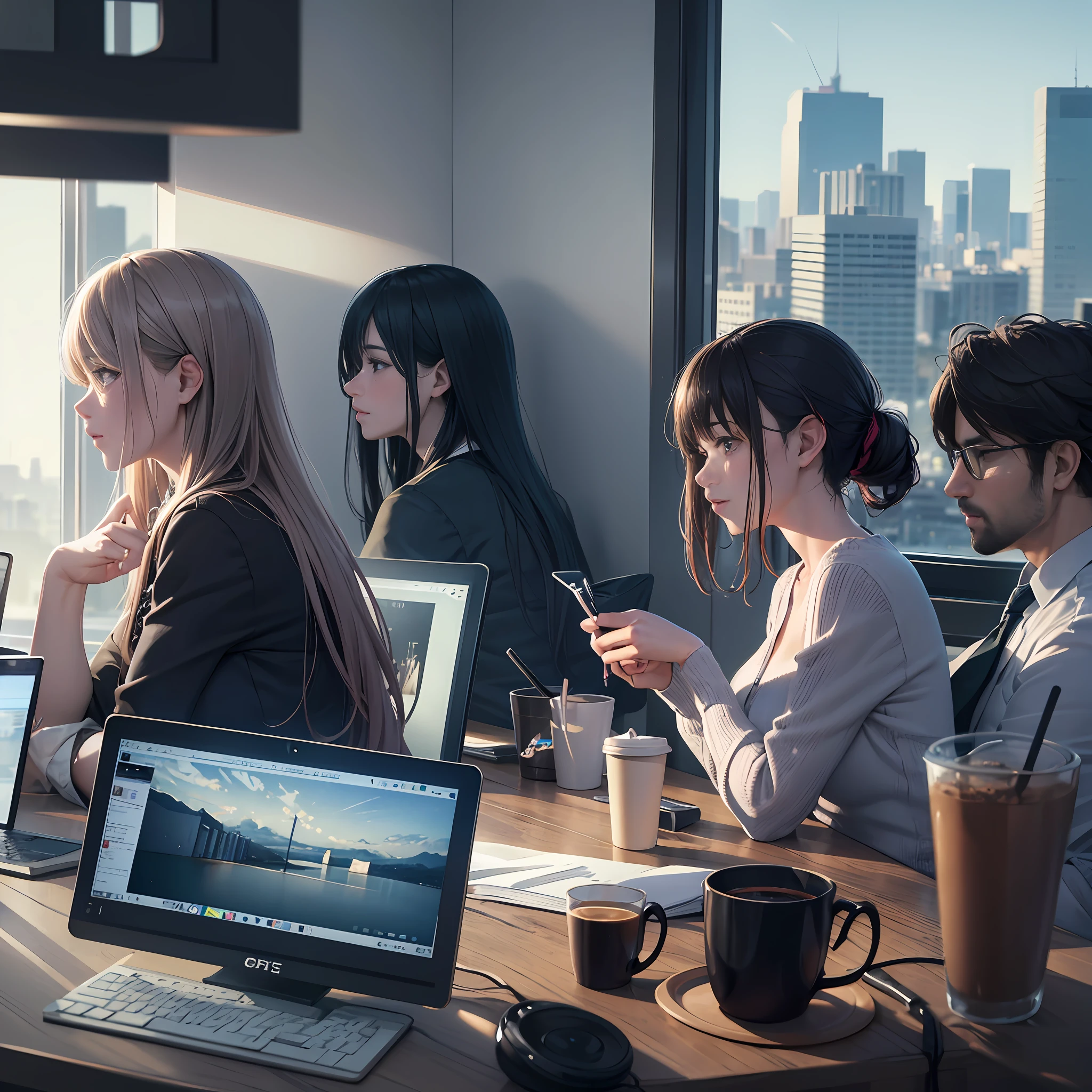 ultra-realistic photography , 8K, imagen super detallada de 1 hombre y 3 mujeres, Everyone is drinking coffee on Wednesday morning in an open office.., are around a computer. Todos tienen diadema, se puede ver el Horizonte por los ventanales, hay un letrero que dice AEL,