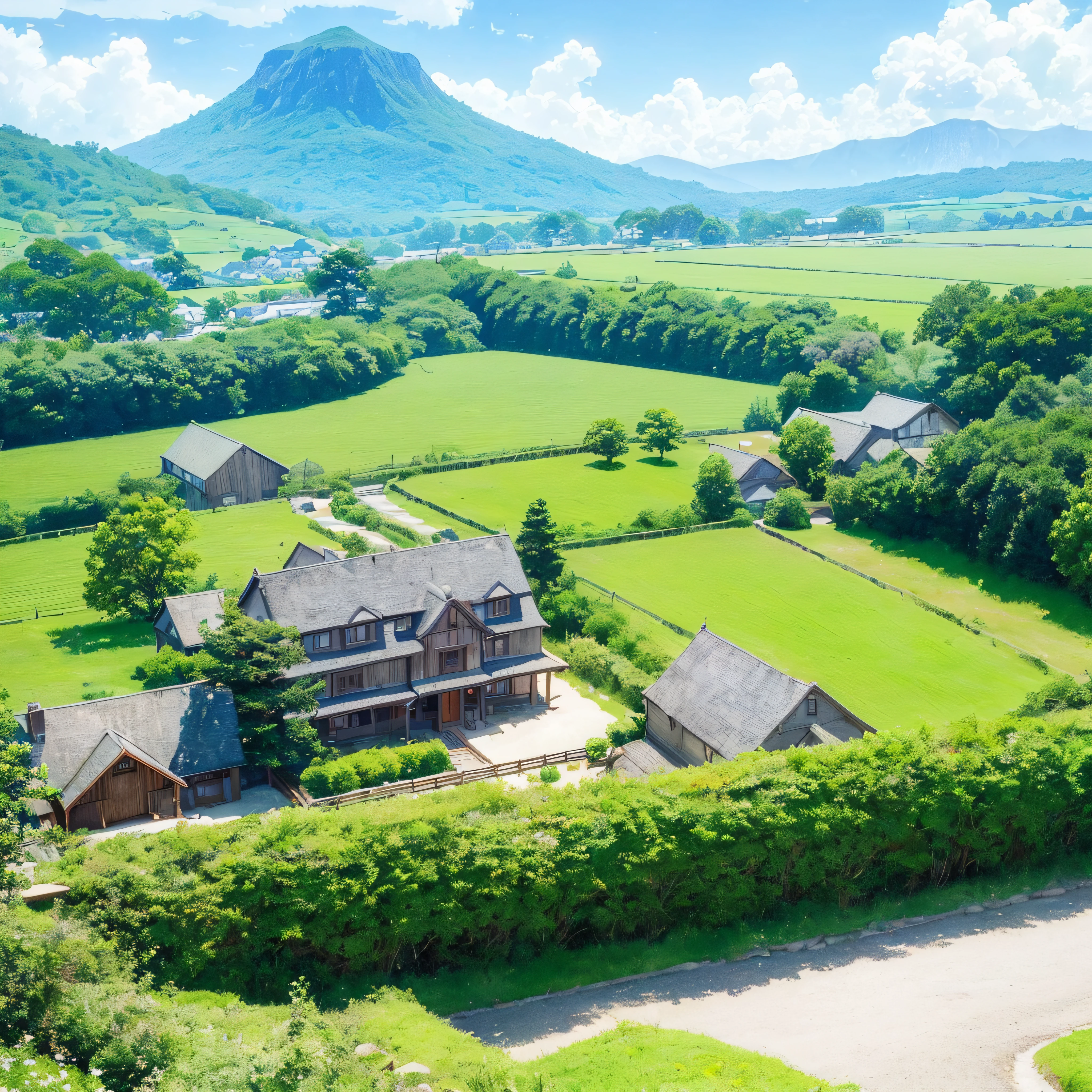(((top-quality)))、Anime countryside、Anime Background Art、Anime landscapes、Soft Concept Art Studio Ghibli、beautiful anime landscape、Anime landscape concept art、Studio Ghibli concept art、Ghibli Studio Environment、Anime landscapes、Beautiful anime scenes、Gribbley Makoto Shinkai Studio、View of Ghibli Studio、cottagecore!!、Background art drawn in poster color --auto