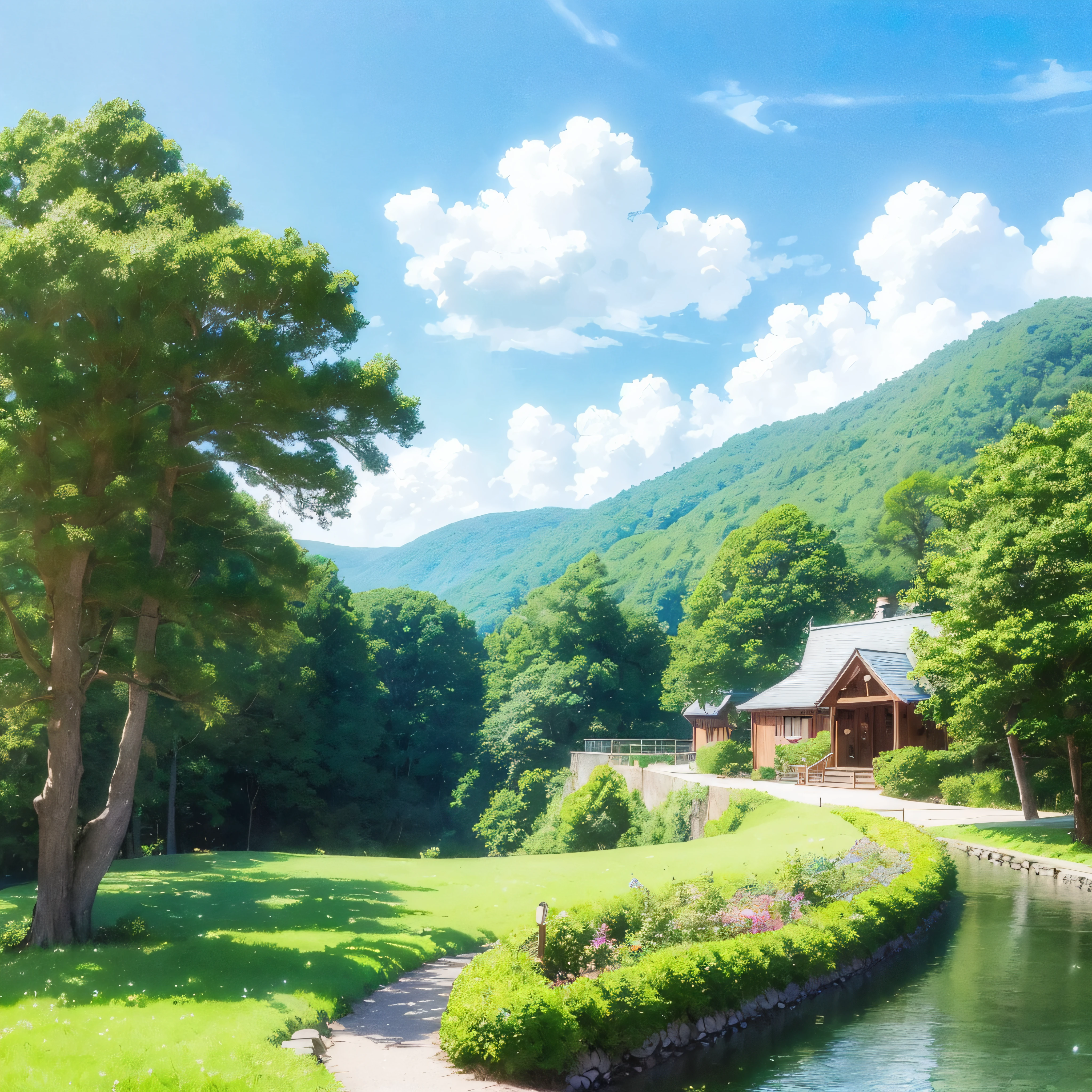 (((top-quality)))、Anime countryside、Anime Background Art、Anime landscapes、Soft Concept Art Studio Ghibli、beautiful anime landscape、Anime landscape concept art、Studio Ghibli concept art、Ghibli Studio Environment、Anime landscapes、Beautiful anime scenes、Gribbley Makoto Shinkai Studio、View of Ghibli Studio、cottagecore!!、Background art drawn in poster color --auto